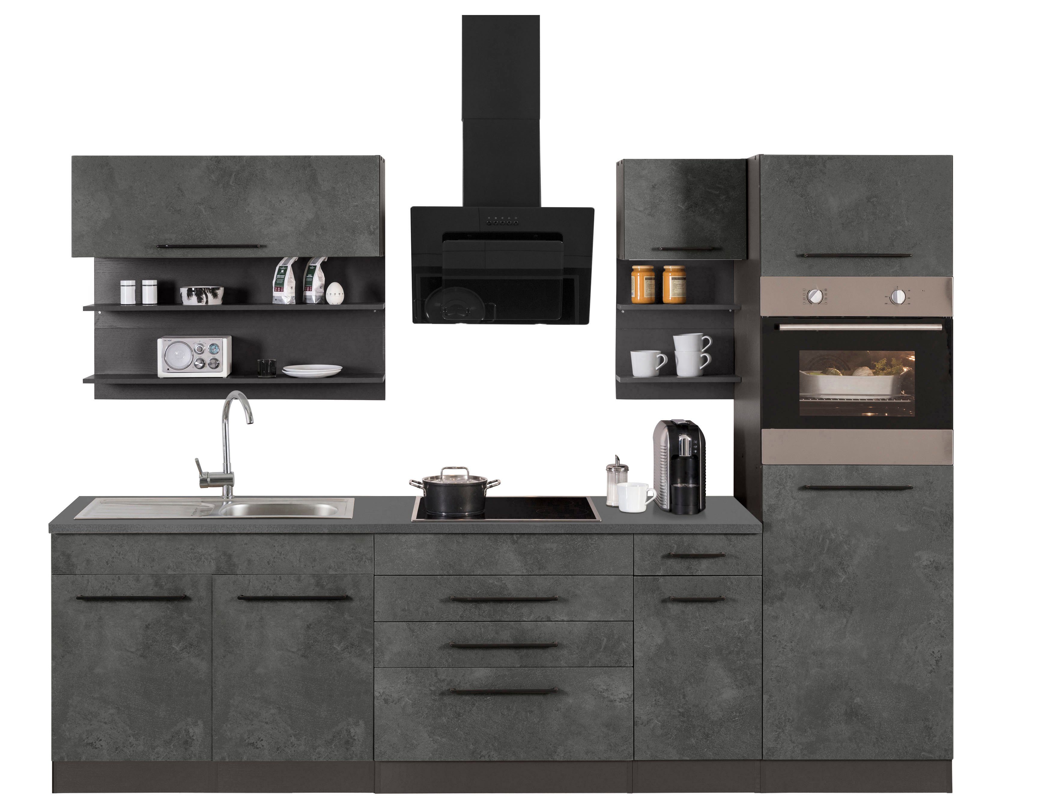 KOCHSTATION Küchenzeile KS-Tulsa, mit E-Geräten, Breite 290 cm, schwarze Metallgriffe, MDF Fronten