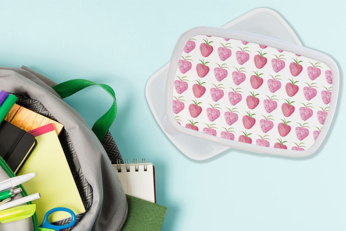 MuchoWow Lunchbox Kinder weiß Mädchen Design, Erwachsene, und Erdbeere für Jungs Brotdose, (2-tlg), und - für Brotbox Kunststoff, Aquarell 