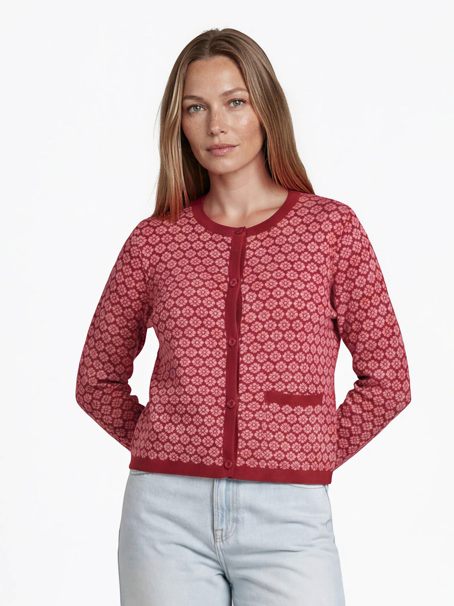 Himalaya Clothing Strickjacke Damen GOTS Bio-Baumwolle Jacquardmuster Regular Fit Langarm Durchgehende Knopfleiste mit Eingrifftasche und Kontrastabschlüssen