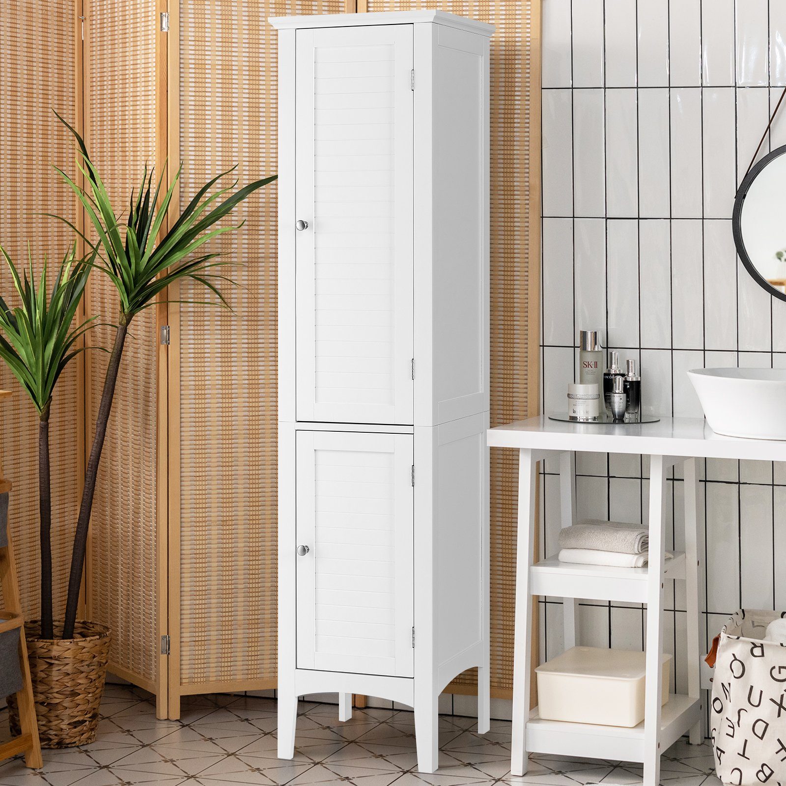 COSTWAY Hochschrank Bad,schmal,mit 2 Lamellentür,5 Fächern,37x37x160cm günstig online kaufen