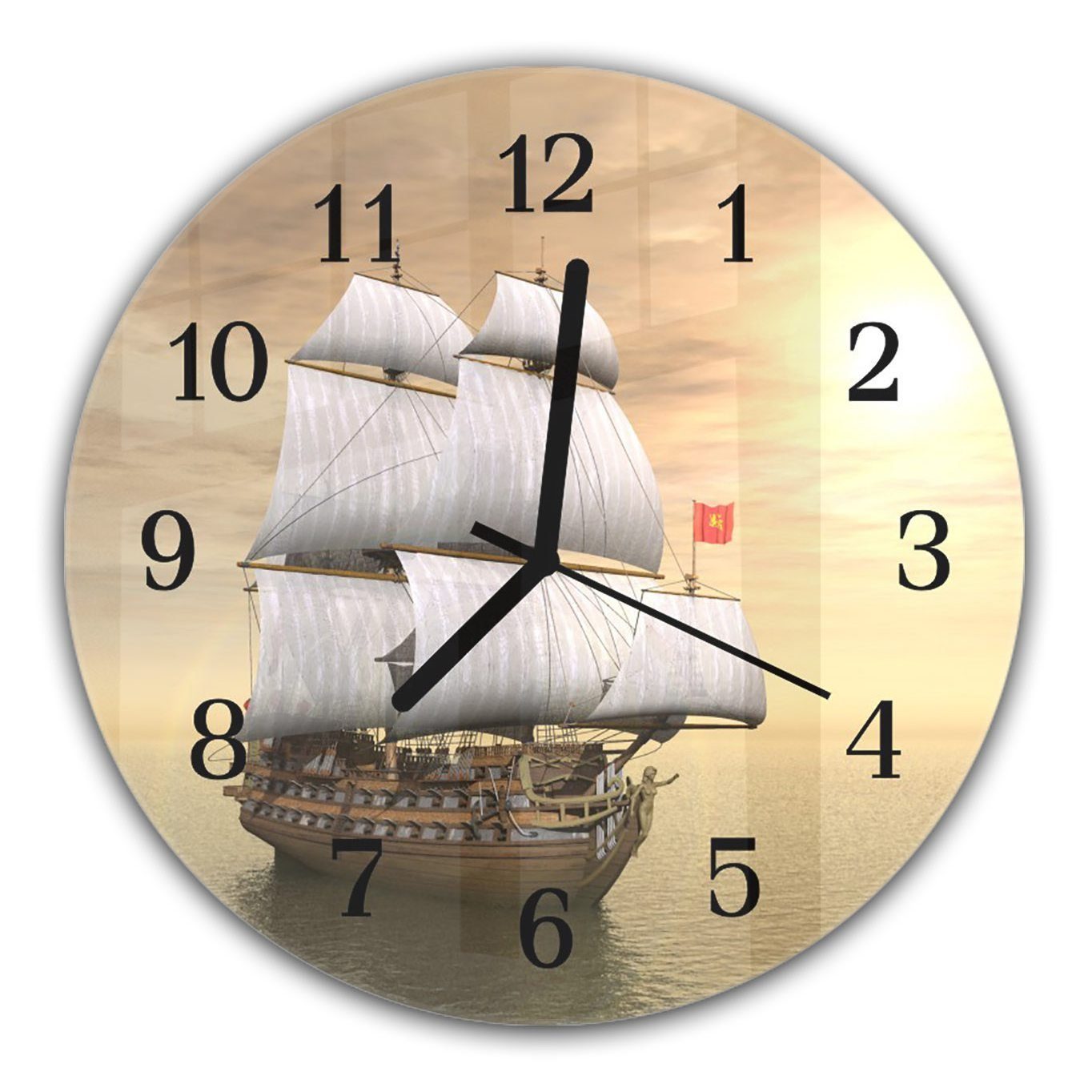 Durchmesser aus cm mit Wanduhr und Quarzuhrwerk Wanduhr - Rund 30 Motiv Glas Primedeco mit Piratenschiff