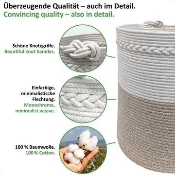 WIESEN.design Wäschekorb Knut Hellbraun/Weiß, 100% Baumwolle, Aufbewahrungskorb geflochten, inkl. großem Waschsack und schwerem Wäschesack, gratis Versand