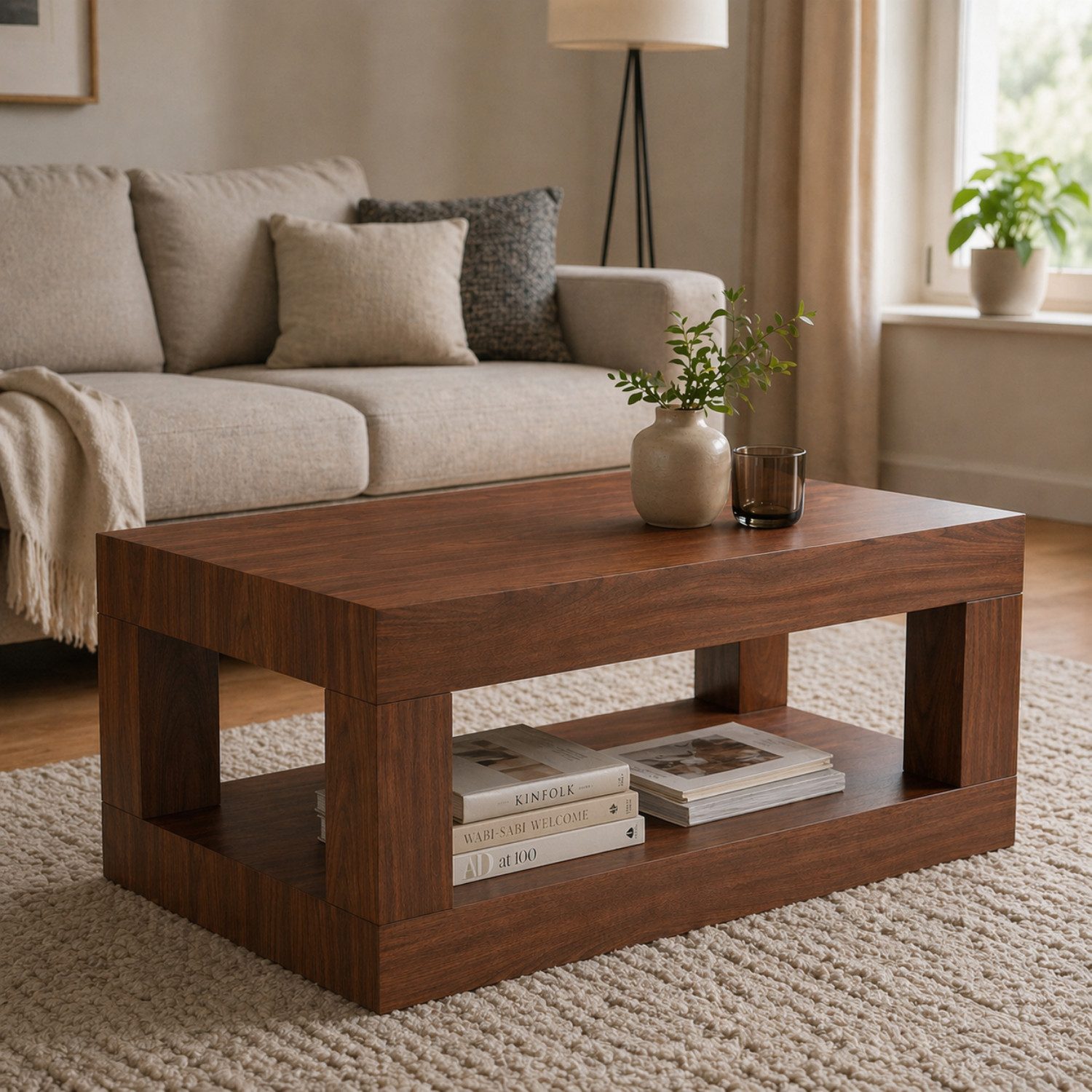 ANYSUN Couchtisch Moderner 2-stufiger Couchtisch,rechteckiger Mitteltisc (echteckiger Wohnzimmertisch im Landhausstil mit offenem Ablagefach), Doppelschichtige Couchtisch,für Wohnzimmer, Homeoffice oder Wohnung