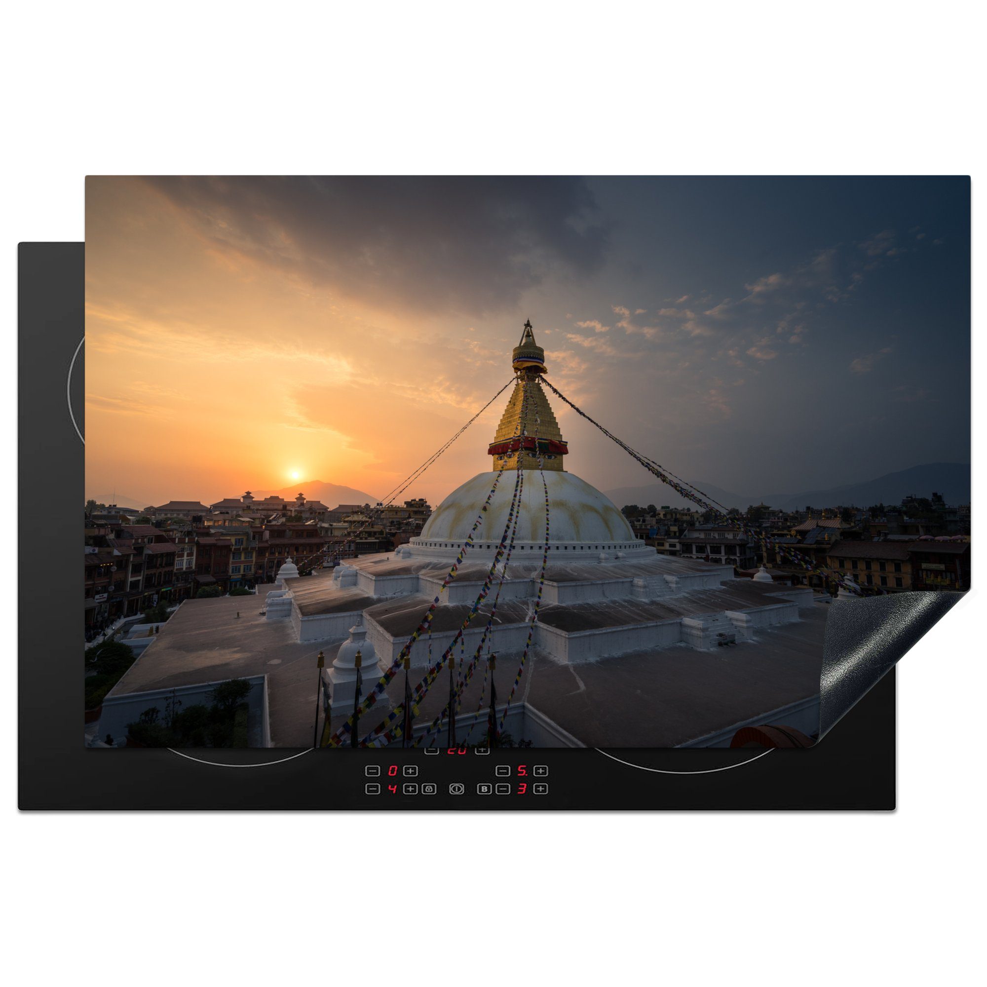 MuchoWow Herdblende-/Abdeckplatte Sonnenuntergang hinter der Stupa Kathmandu, Vinyl, (1 tlg), 81x52 cm, Induktionskochfeld Schutz für die küche, Ceranfeldabdeckung