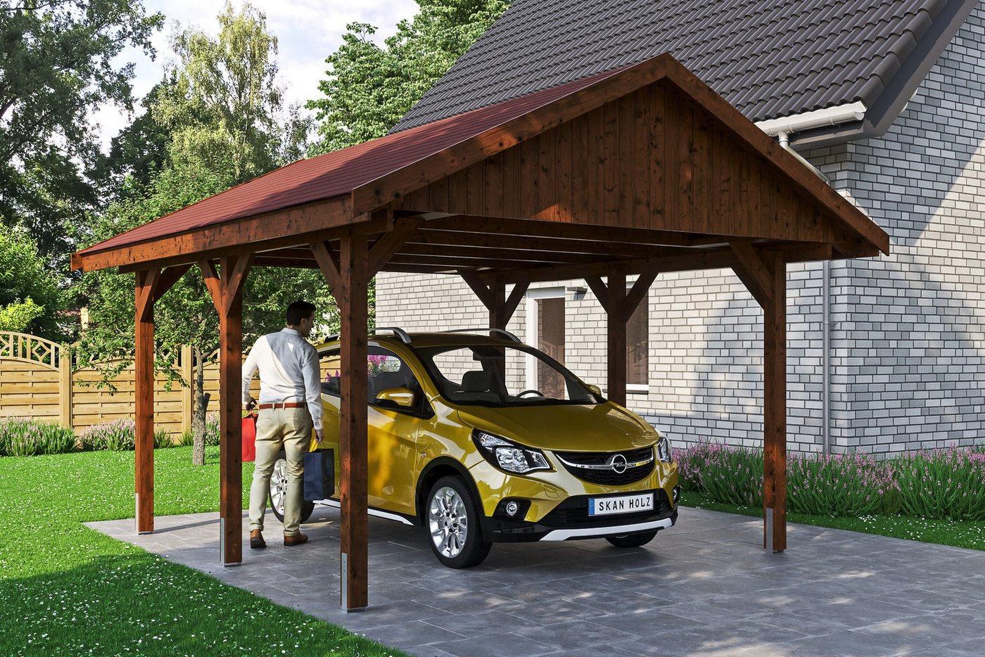 Thumbnail - Skanholz Einzelcarport Wallgau, BxT: 430x500 cm, 215 cm Einfahrtshöhe, mit roten Dachschindeln