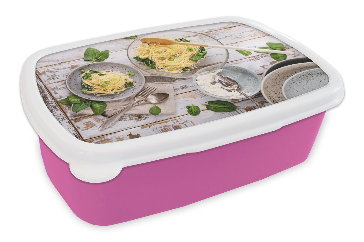 MuchoWow Lunchbox Nudeln - Basilikum - Kochen, Kunststoff, (2-tlg), Brotbox für Erwachsene, Brotdose Kinder, Snackbox, Mädchen, Kunststoff rosa