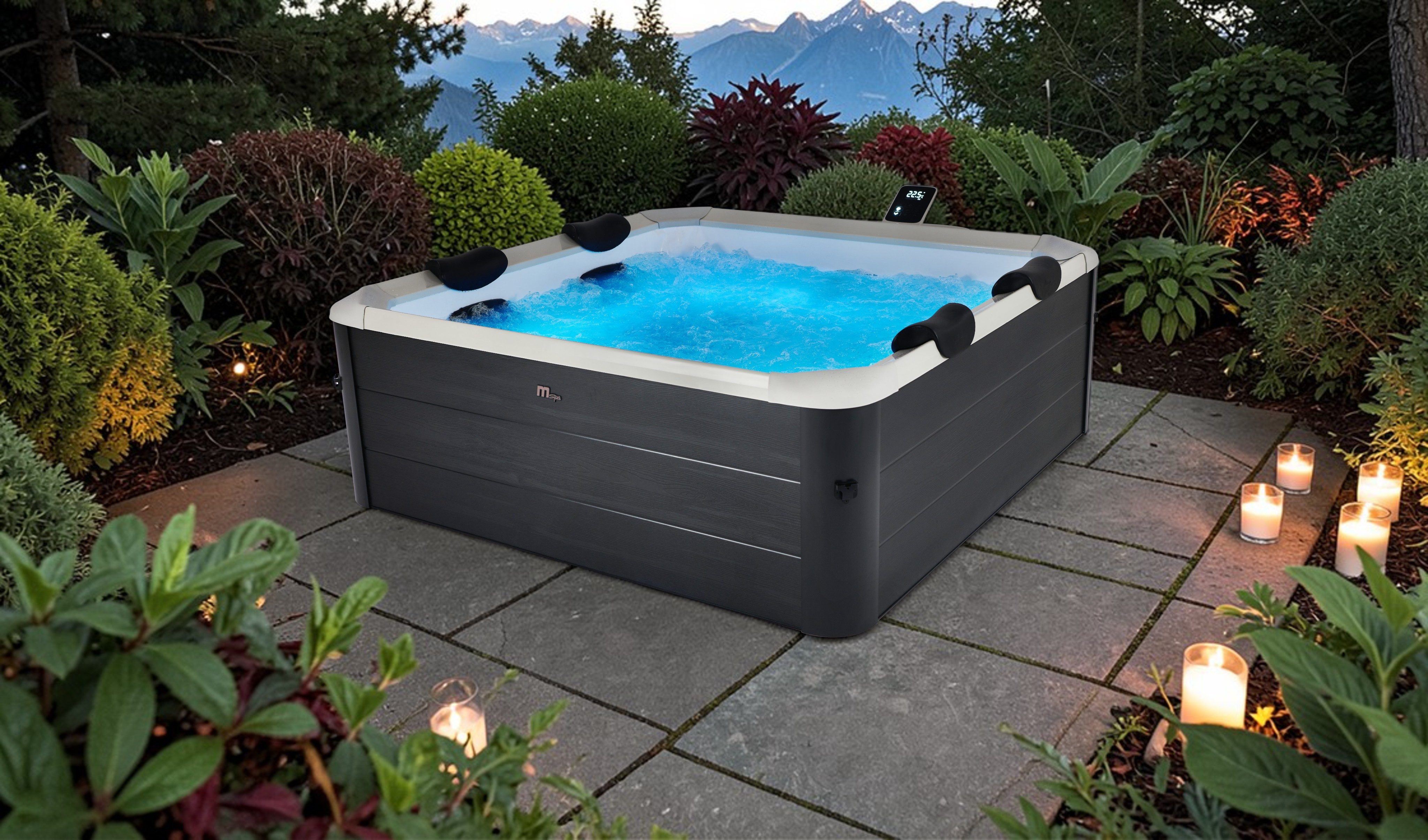 mSpa Whirlpool OSLO AERO PLUS XXL 180 x 180 x 65 cm Ganzjährig Outdoor Pool, Stecksystem mit Einlageplane, inkl. LED, UVC+, WiFi, App-Steuerung, 6 Personen
