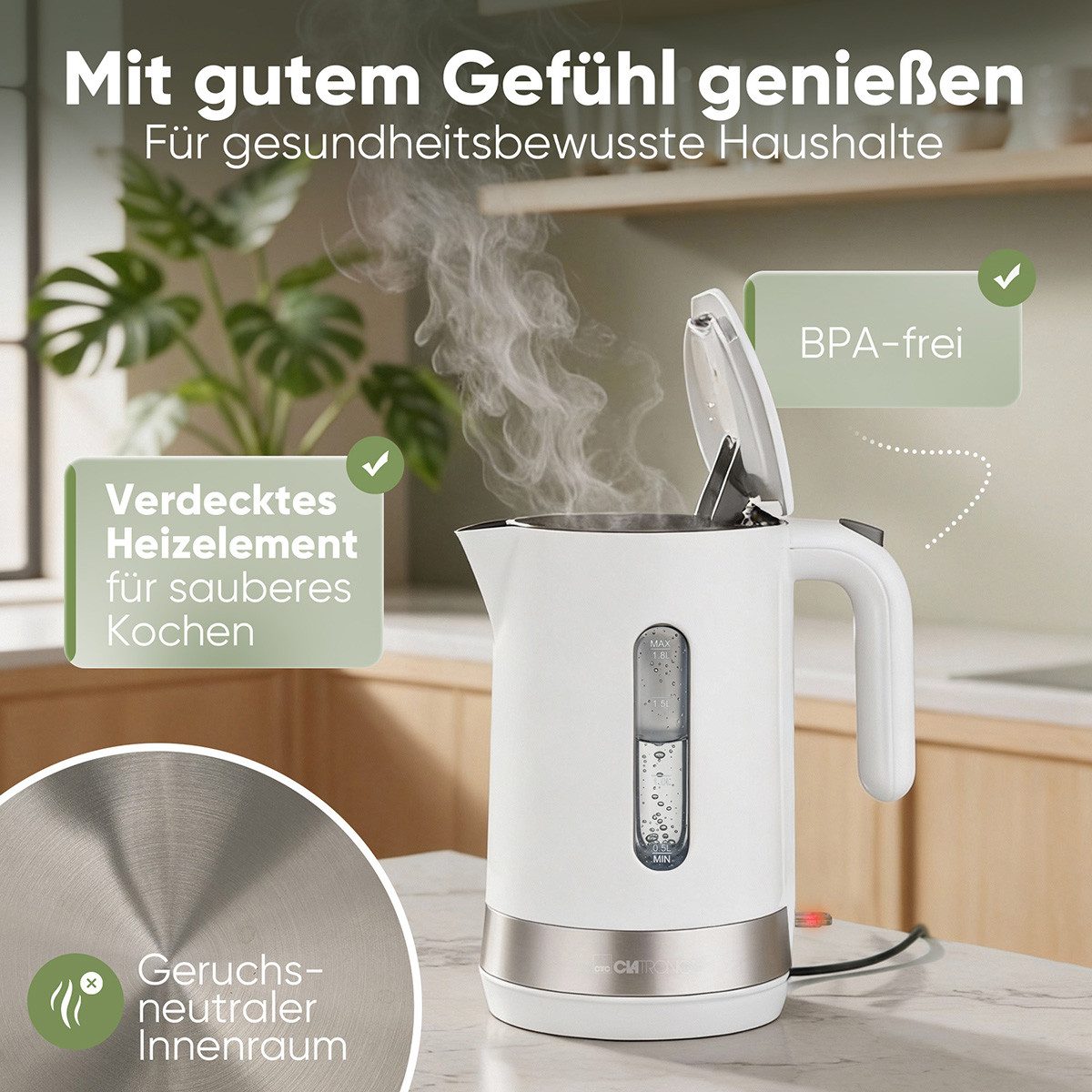 CLATRONIC Wasserkocher WK 3840, Wasserkocher 1,8L, 2200W, BPA frei