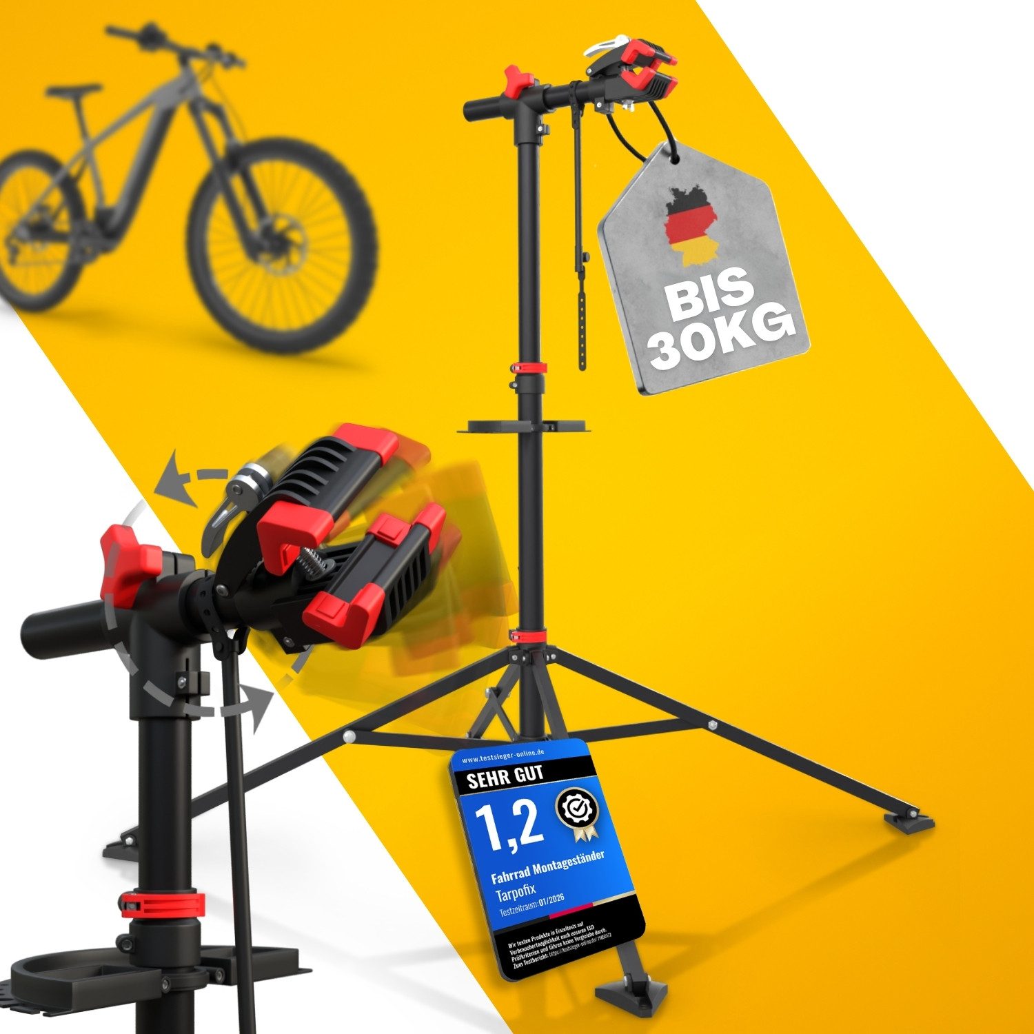 Tarpofix® Fahrrad-Montageständer Fahrrad Montageständer 30 kg klappbar Reparaturständer, Rot: Fahrrad Reparaturständer rot mit 360° Klemmkopf