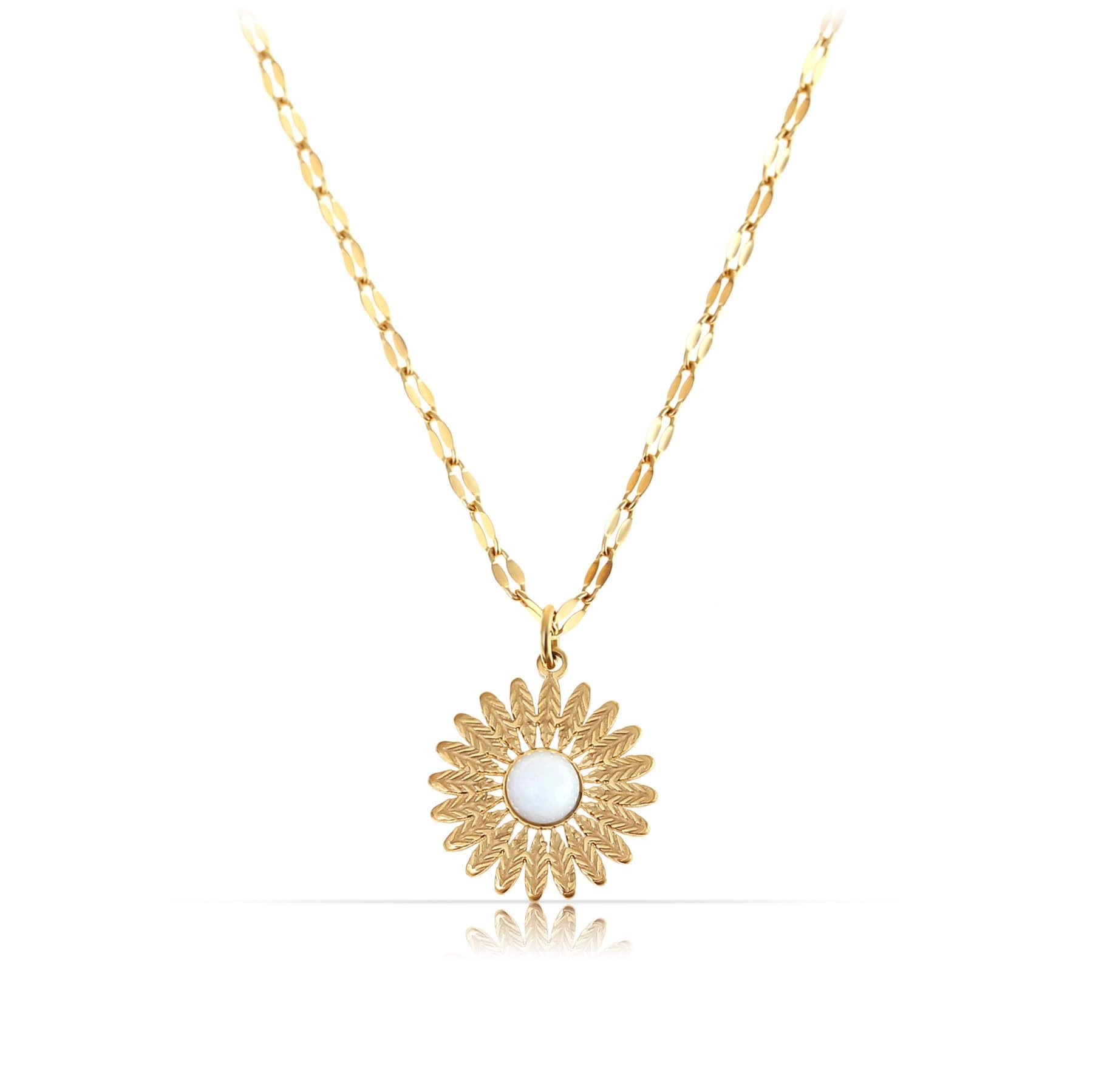 Made by Nami Kette mit Anhänger Sonnenblumen Damen Gold aus Chirurg. Edelstahl 40 + 5 cm Gänseblümchen, mit Edelstein Anhänger Wasserfester Schmuck Gold Boho Schmuck Damen