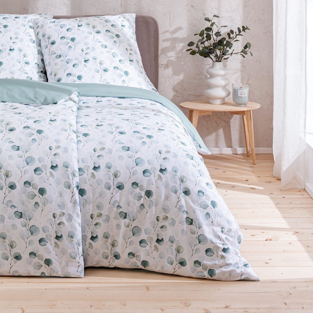 MTOnlinehandel Bettwäsche Eukalyptus, Blumen, Blätter, Zweige 100 % Baumwolle, Mako-Satin, 2 teilig, sanft, weich für Teenager & Erwachsene, Partnerbettwäsche, Bettbezug