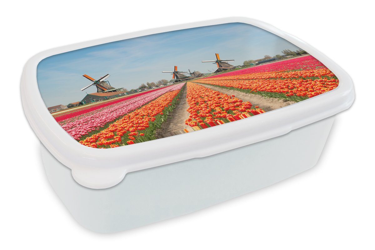 MuchoWow Lunchbox Tulpen - Windmühle - Niederlande, Kunststoff, (2-tlg), Brotbox für Kinder und Erwachsene, Brotdose, für Jungs und Mädchen weiß
