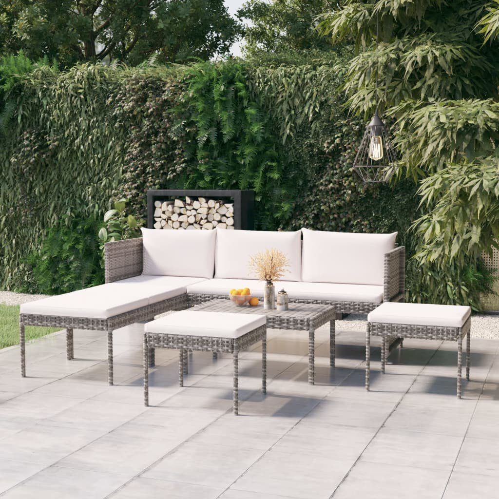 furnicato Garten-Essgruppe Garten-Lounge-Set Poly Rattan Grau 180x58x57,5 cm Sofa & Hocker, (1-tlg), Witterungsbeständige Sitzgruppe mit modularer Bauweise und Kissen