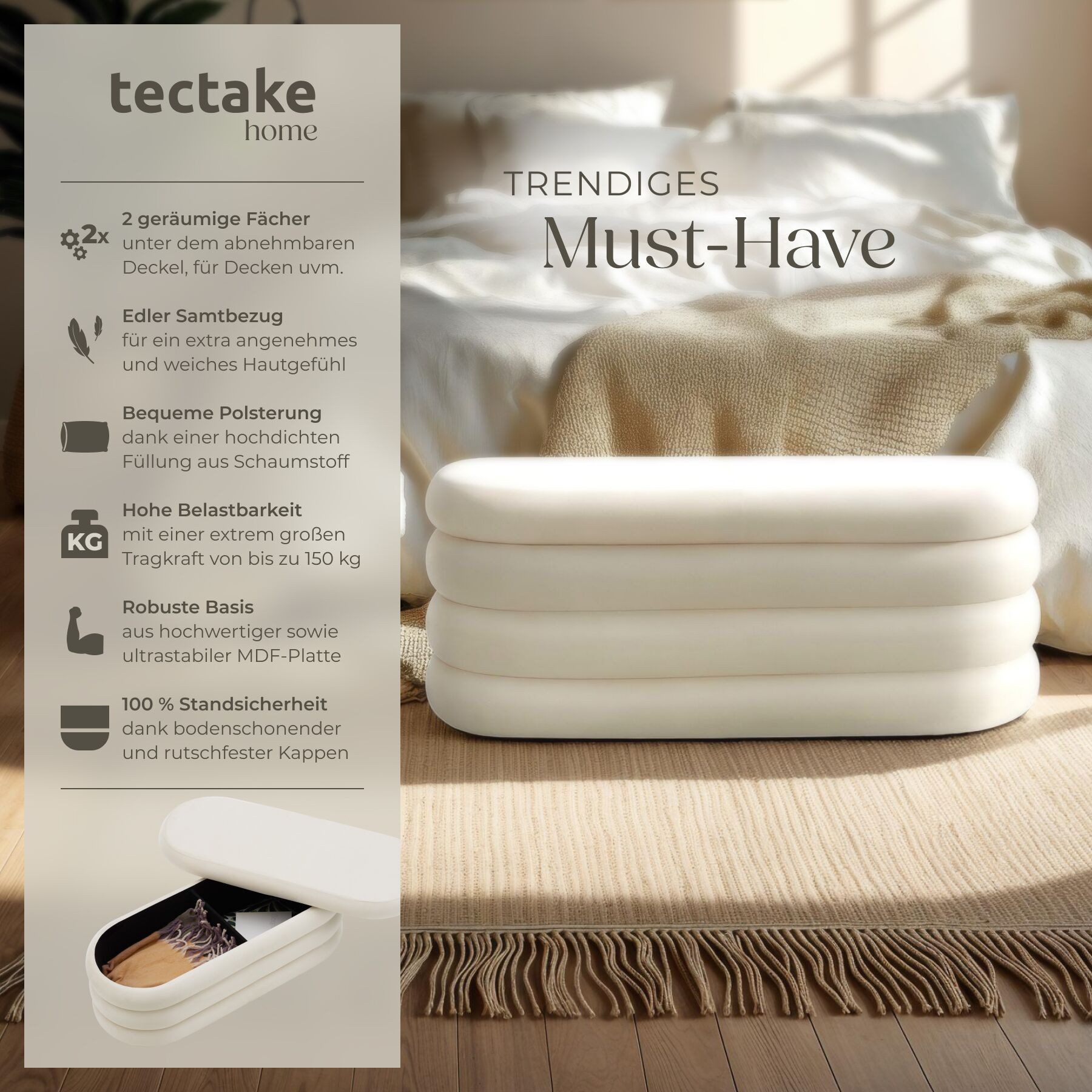 tectake Bank Polsterbank Altu mit großem Stauraum, 110 x 45 x 42 cm (Sitzbank, 1-St. Samtoptik Creme-Weiß), bodenschonende Kunststoffkappen, Belastbarkeit 150 kg