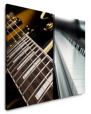 Sinus Art Leinwandbild 2 Bilder je 60x90cm Gitarre Gitarrensaiten Musik Piano Klavier Klaviertasten Nahaufnahme