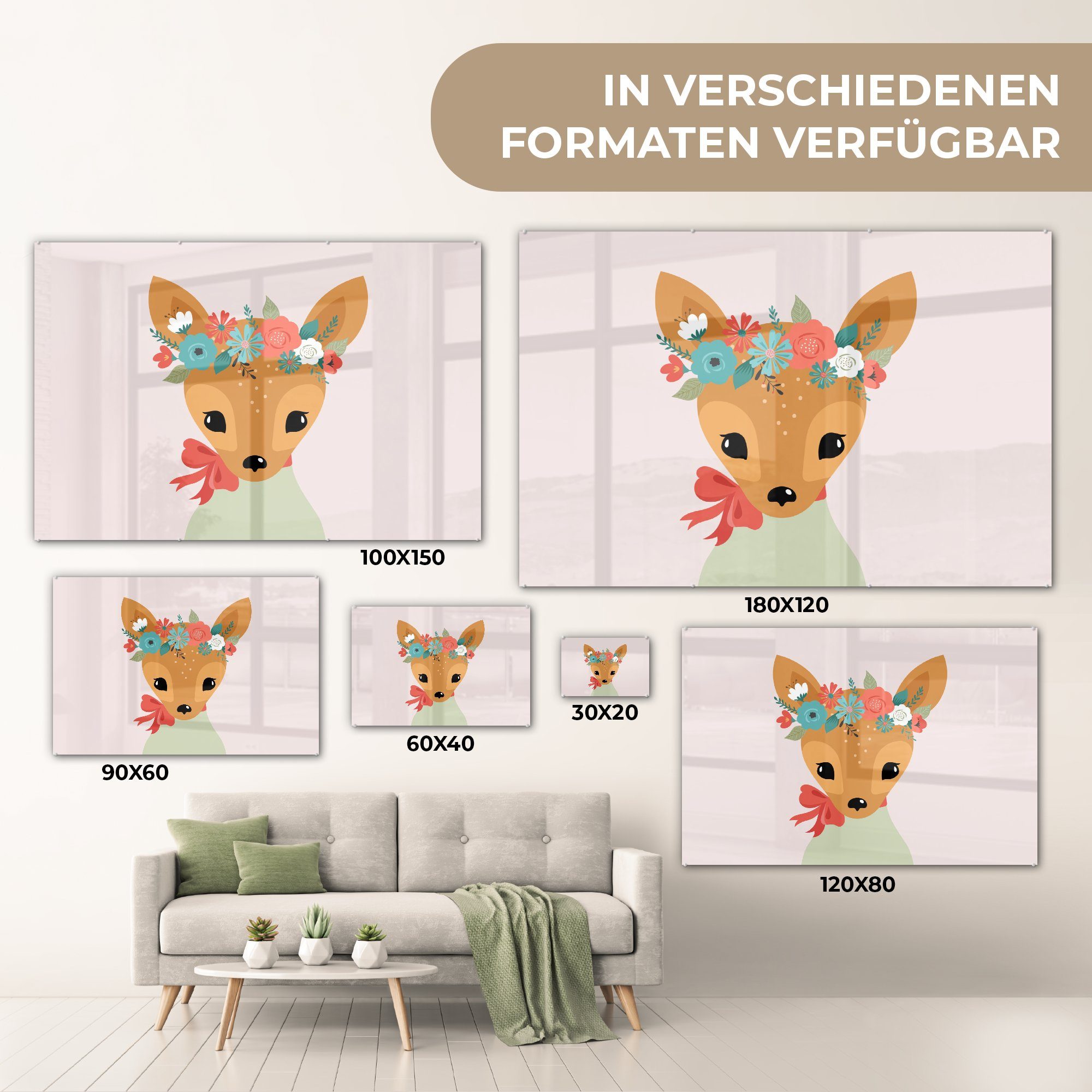 MuchoWow Acrylglasbild Hirsche Blumen, (1 - St), Acrylglasbilder Schlafzimmer - Pastell Wohnzimmer &