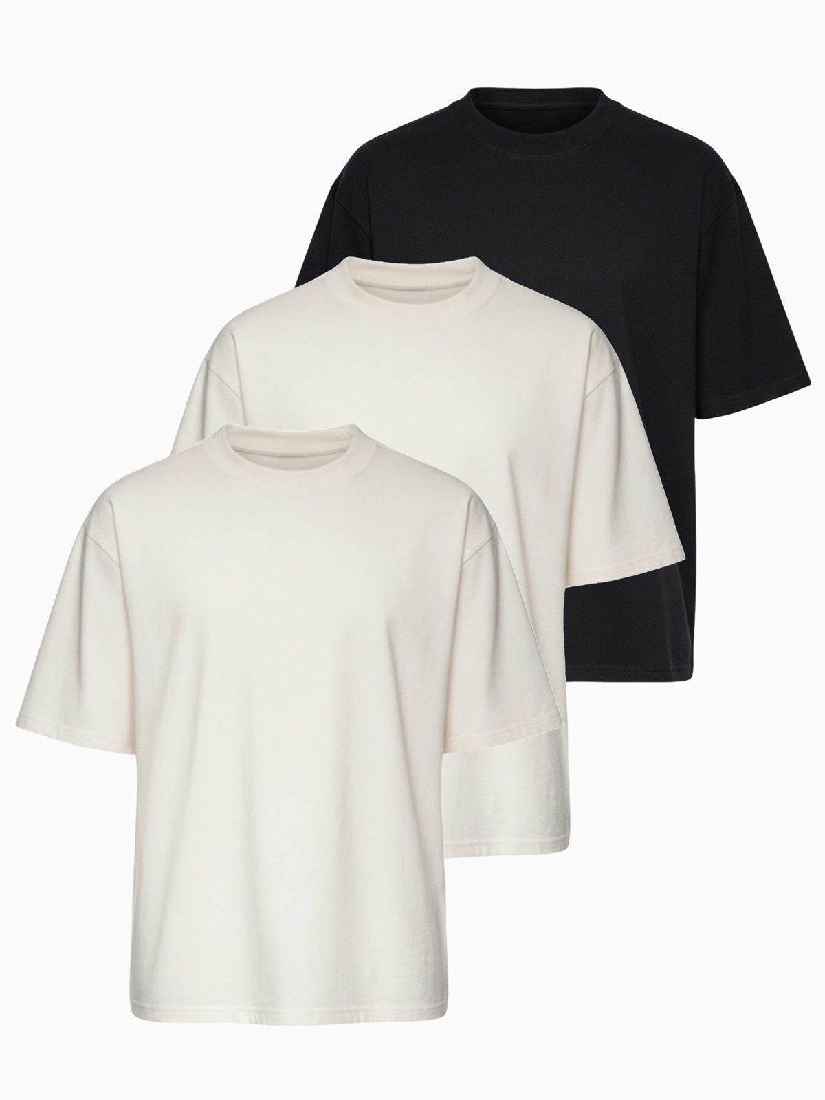 OMBRE T-Shirt Herren T-Shirt Set mit lockerem Schnitt Off white/off white/black XXL (kein Set, 1-tlg., 3er-Pack) in Unifarbe