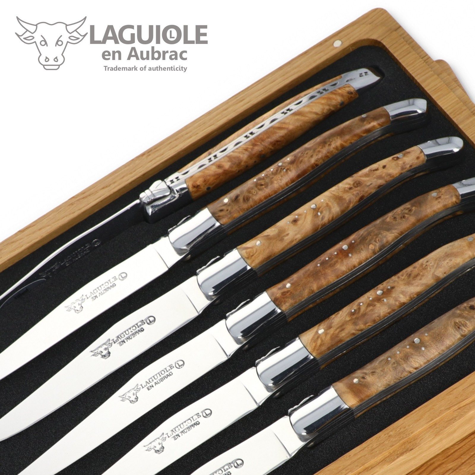 Laguiole en Aubrac Steakmesser 62C99TYIH BRI 6er Set - Griff Linde - Backen glänzend - Klinge glänzend - Holzbox