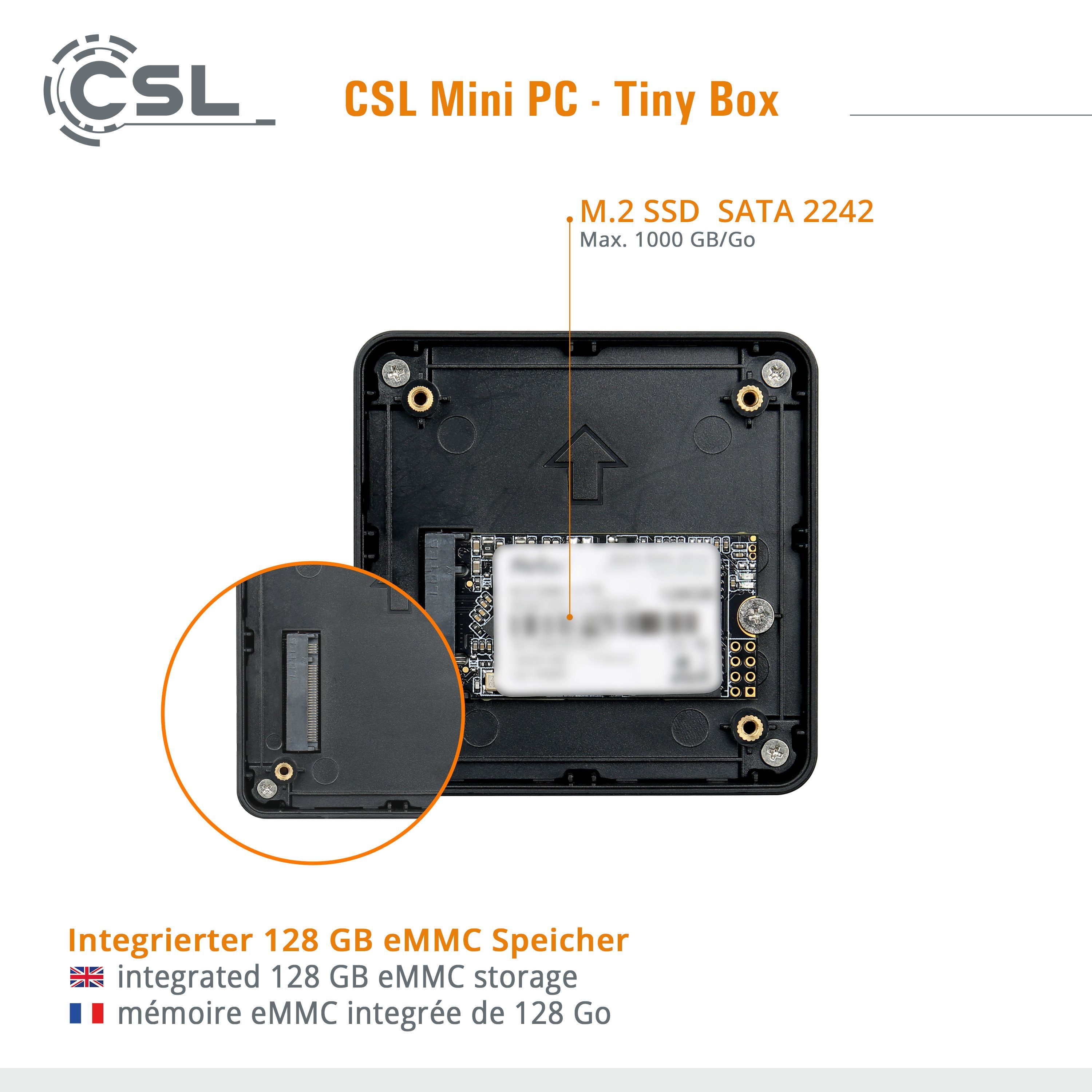 CSL Tiny Box PC (Intel® Celeron N4120, Intel® HD Graphics 600, 4 GB RAM,  128 GB SSD, passiver CPU-Kühler, 2m HDMI Kabel)