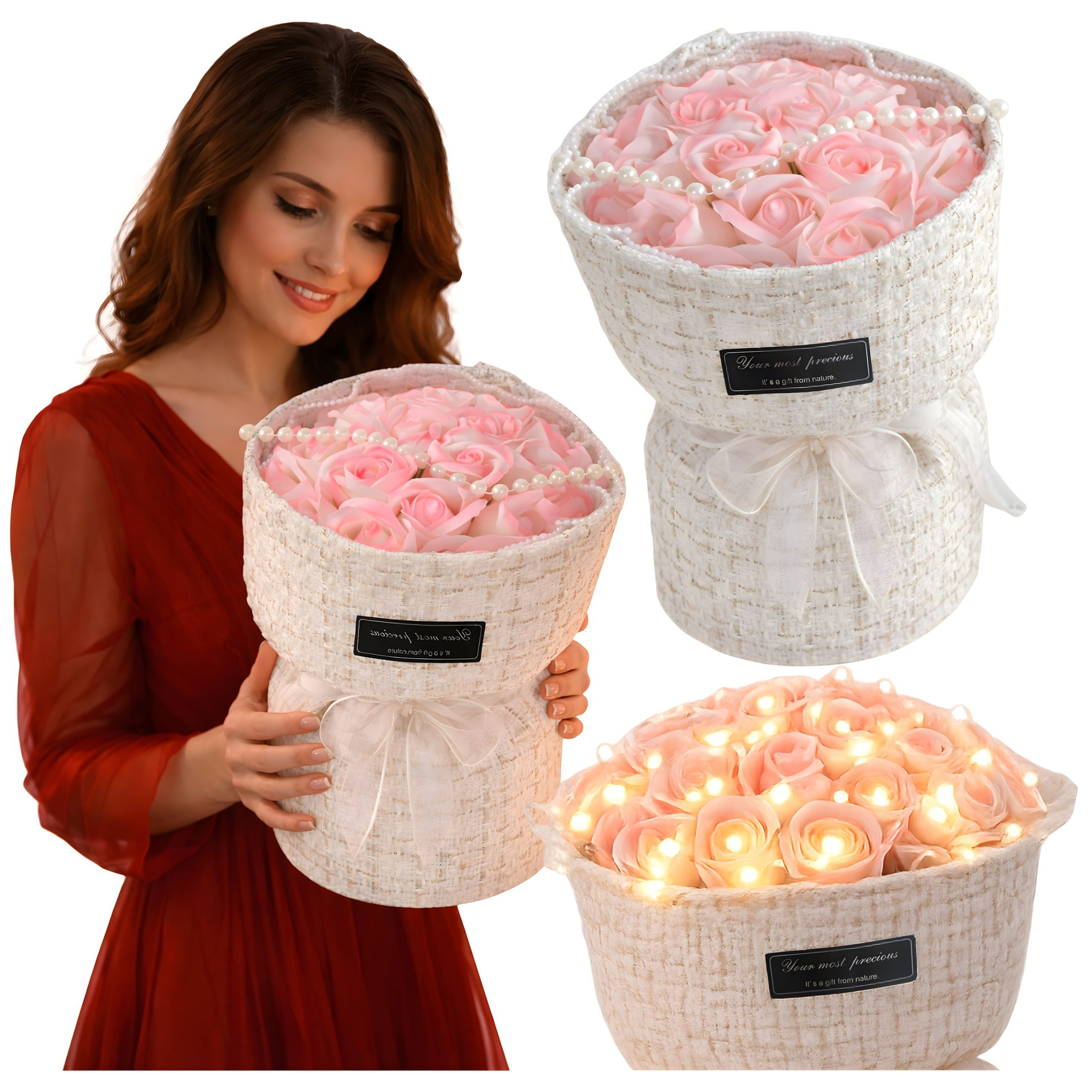 Realb2b Seifenrosen Set 21 Rosen Pink mit LED Lichterkette Geschenk, LED fest integriert, 21 Rosen LED dekorativ Geschenk fertiger Strauß romantisch