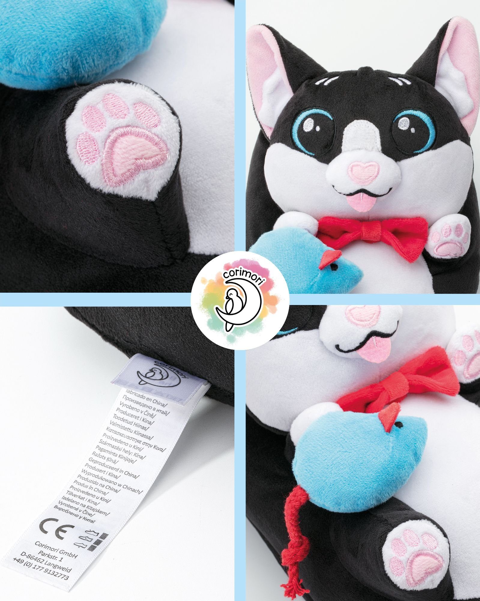 Corimori Katze Balou schwarz weiß, super warme Plüsch Hausschuhe (Packung, Geschenk) warme Tier-Pantoffeln Slipper, EU Einheitsgröße 34-44, Balou der Kater