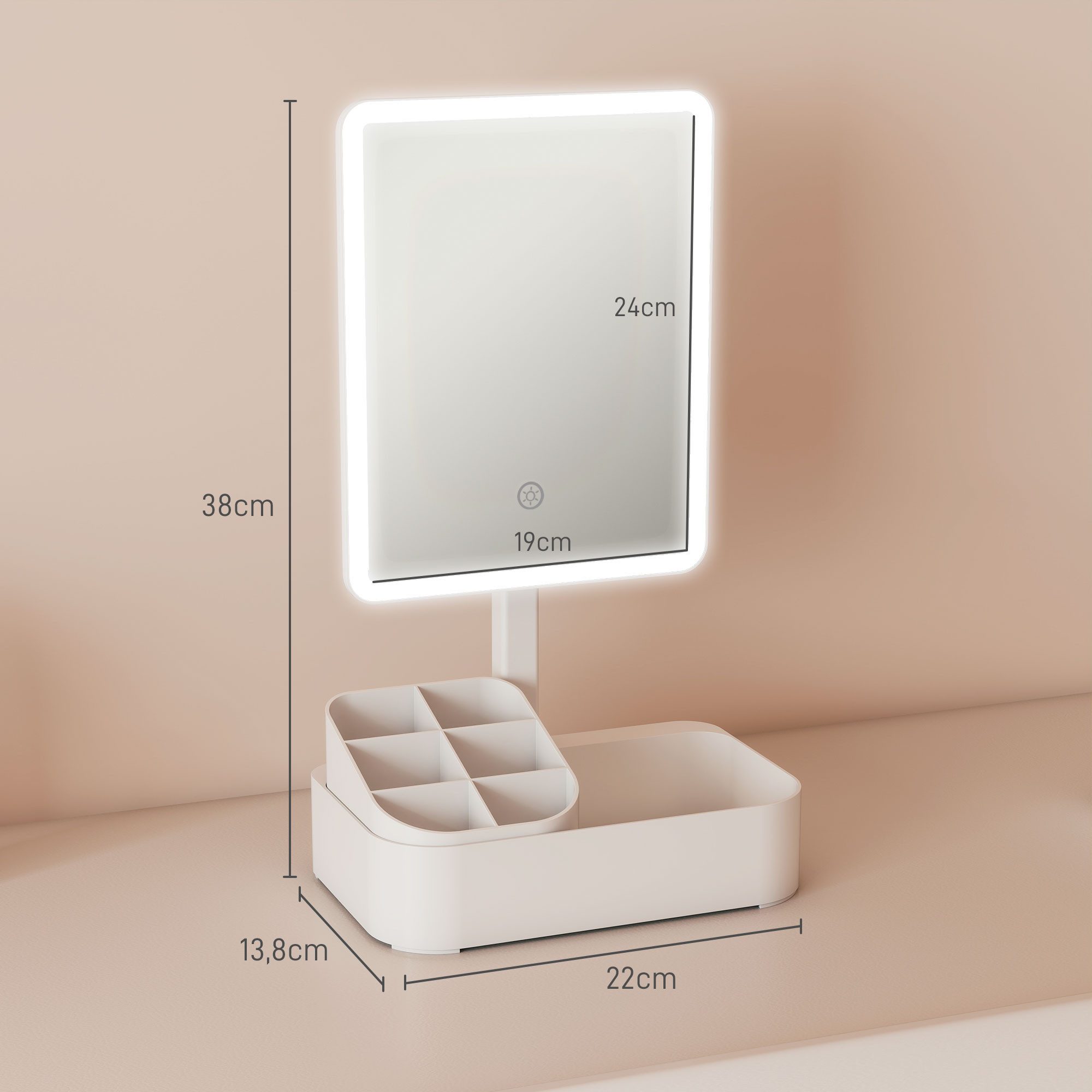 HOMCOM Schminkspiegel wiederaufladbar 180°Drehbar Aufbewahrungsbox, dimmbar, abnehmbar (LED Kosmetikspiegel, 1-St., Spiegel mit Beleuchtung), mit 2 Beleuchtungsmodi Touchschalter, Weiß