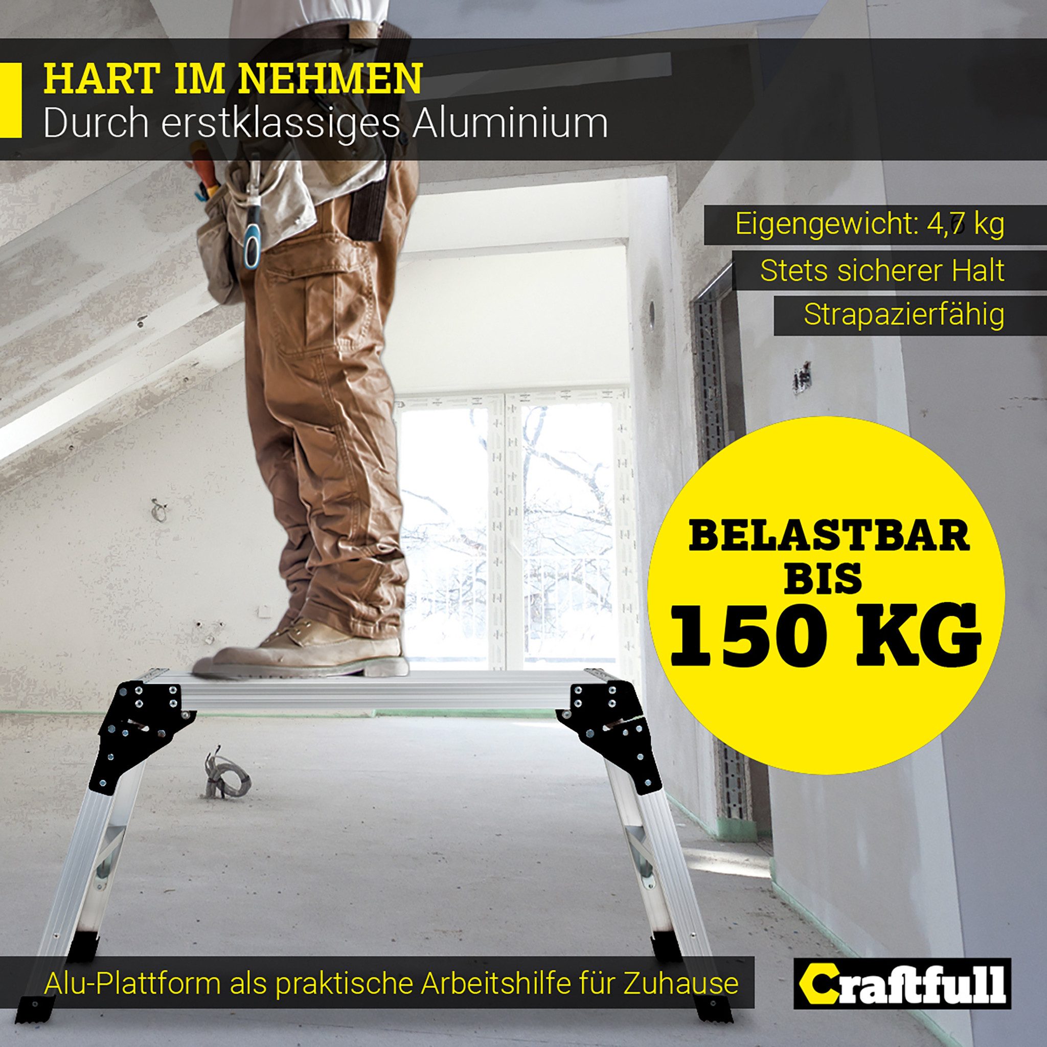 Craftfull Arbeitsplattform Aluminium 3 Jahre Garantie Arbeitspodest klappbar (Haushaltsleiter, Stehleiter, Leiter aus Alu, Leiter, Trittleiter, Klappleiter, Multifunktionsleiter, Sicherheitsleiter, Arbeitsplattform, Gerüst, Anti-Rutsch, Sicherheitsbügel, klappbare Standfüße), Arbeitshilfe Arbeitsbühne für Haus Garten Werkstatt Werkzeug
