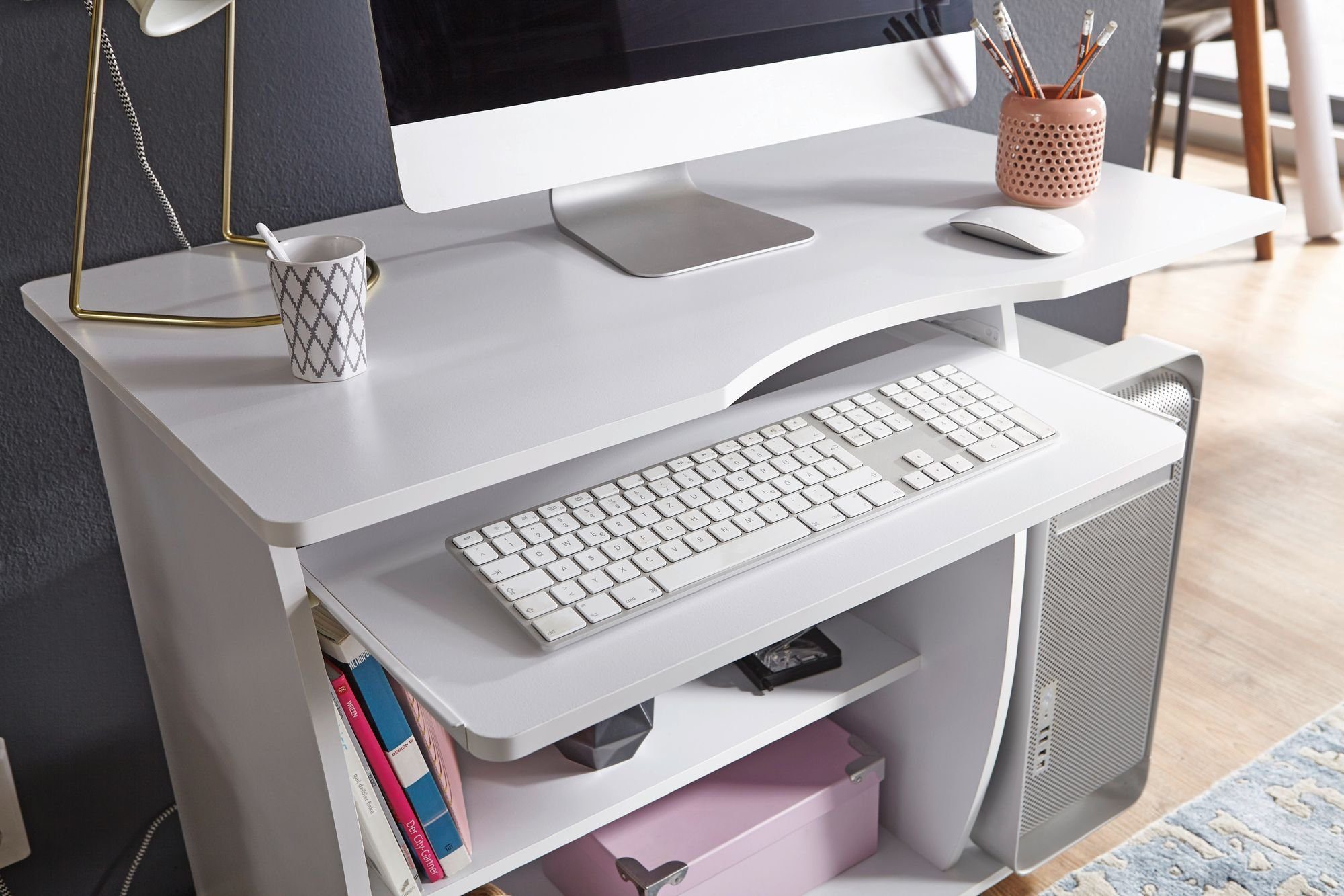 Computertisch Laptoptisch Schreibtisch KADIMA | Weiß mit 3D-Ecken & DESIGN Weiß Stauraum vielseitigem