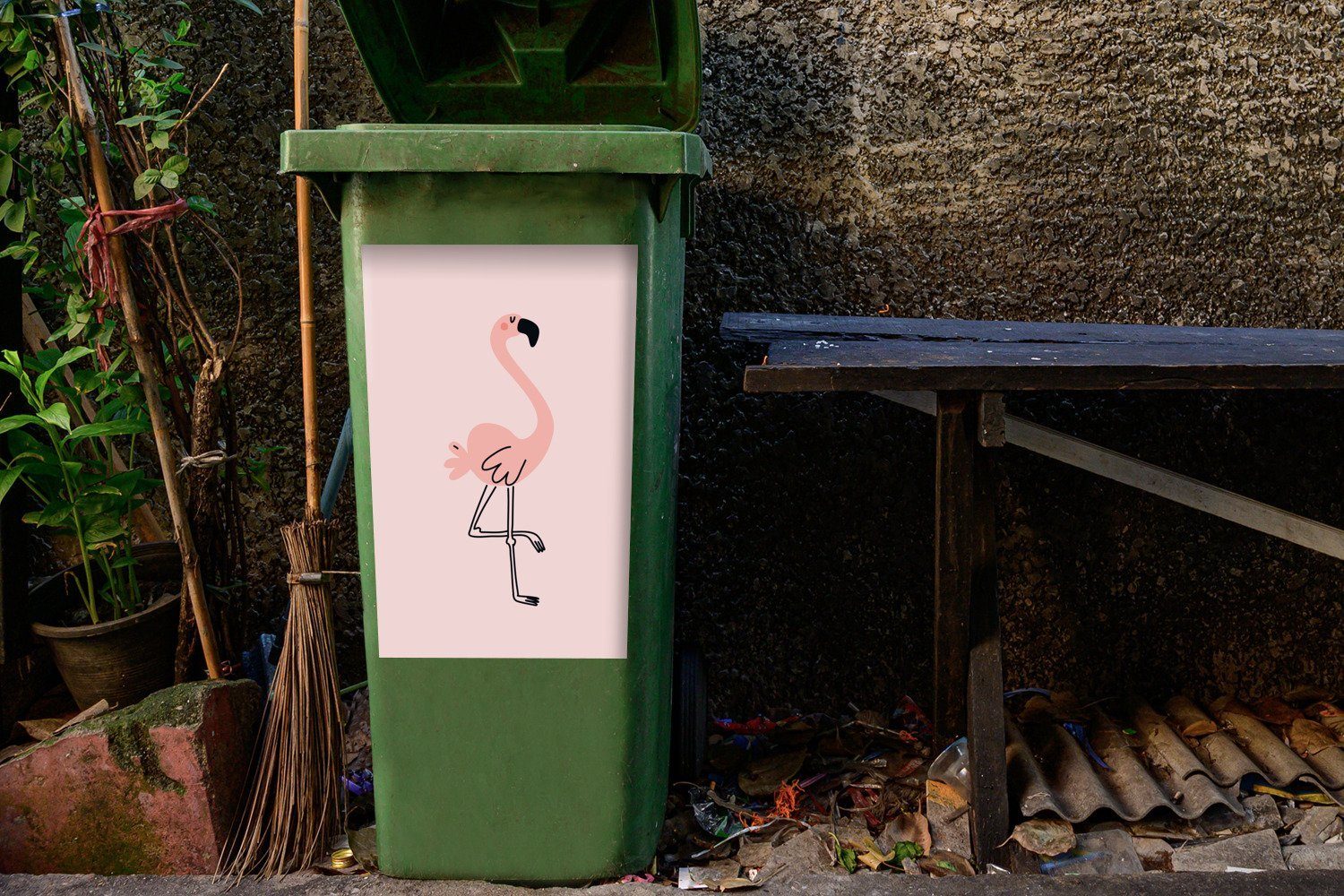 MuchoWow Sticker, - Abfalbehälter - (1 Container, Illustration Wandsticker Rosa Handarbeit - - Flamingo St), Mülleimer-aufkleber, Mülltonne, Mädchen - Kinder