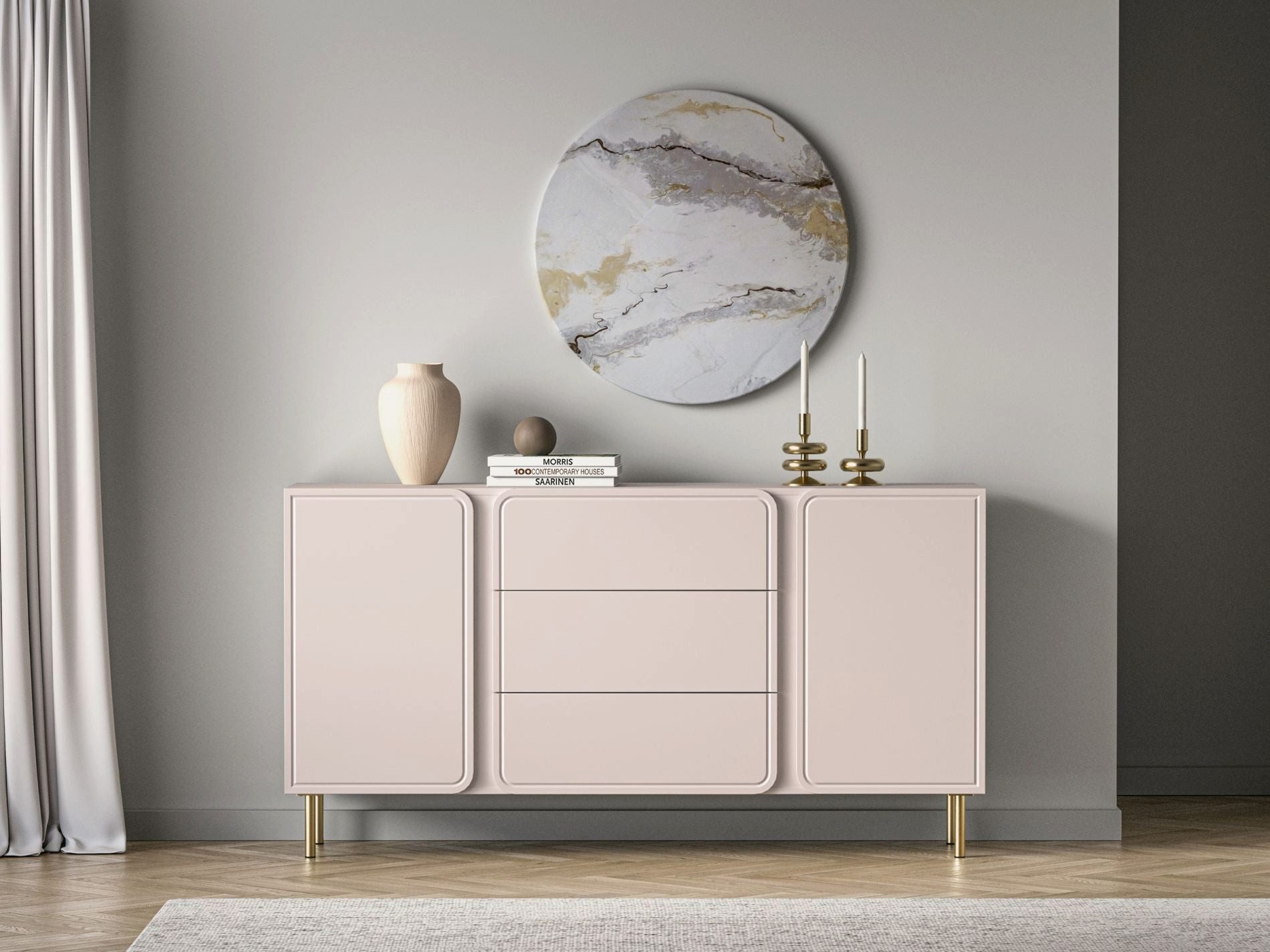 Selsey Sideboard LOPPA, Sideboard in Kaschmirbeige mit Schubladen & goldenen Füßen