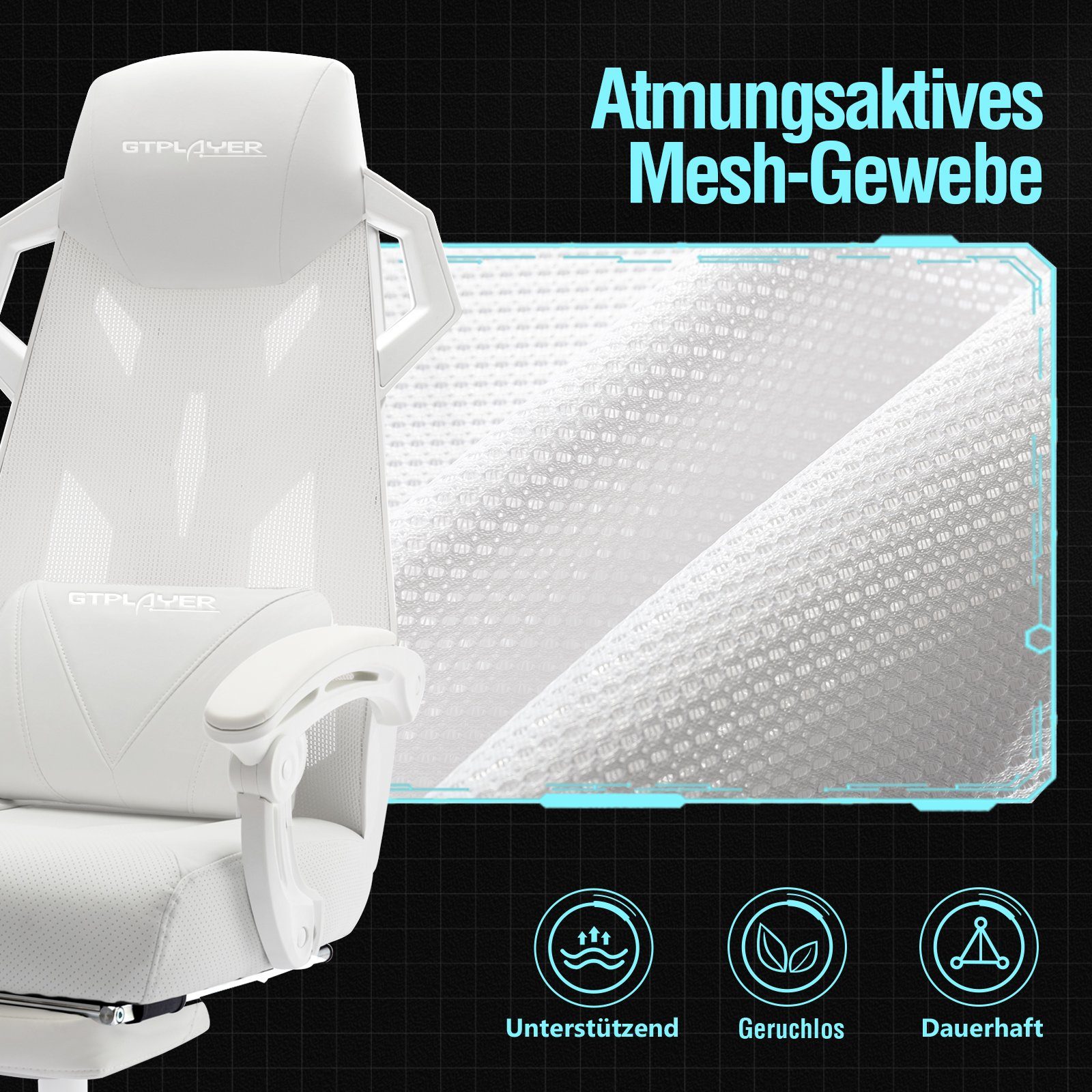 GTPLAYER Bürostuhl Ergonomischer Schreibtischstuhl Gamingstuhl Drehstuhl, mit Verbindungsarmlehnen, Verstellbarer Lordosenstütze und Kopfstütze