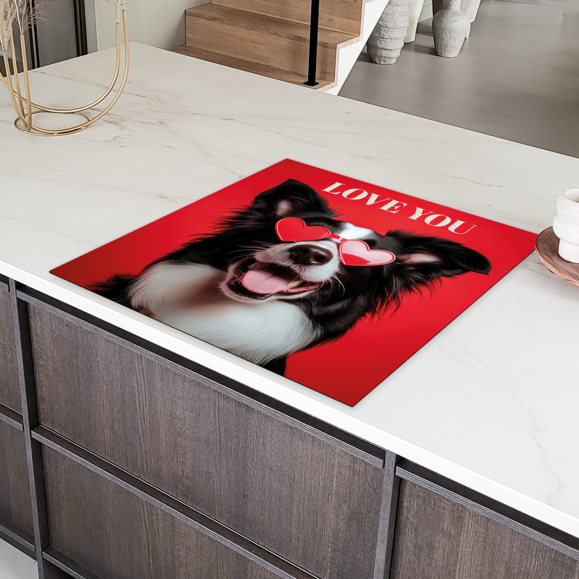 MuchoWow Herd-Abdeckplatte Hund - Herz-Brille - Loveyou - Rot, Vinyl, (1 tlg), Küche Herdabdeckung Ceranfeld Induktionsfeld Vinyl, 60x60 cm
