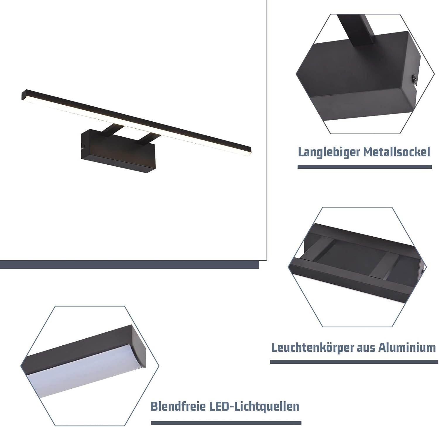 Nettlife LED Spiegelleuchte Schwarz Modern Badezimmer Spiegelbeleuchtung 60 cm 4000K Neutralweiß, LED fest integriert, Neutralweiß, lampe Flur Wandleuchte für B – Bild 5 von 5