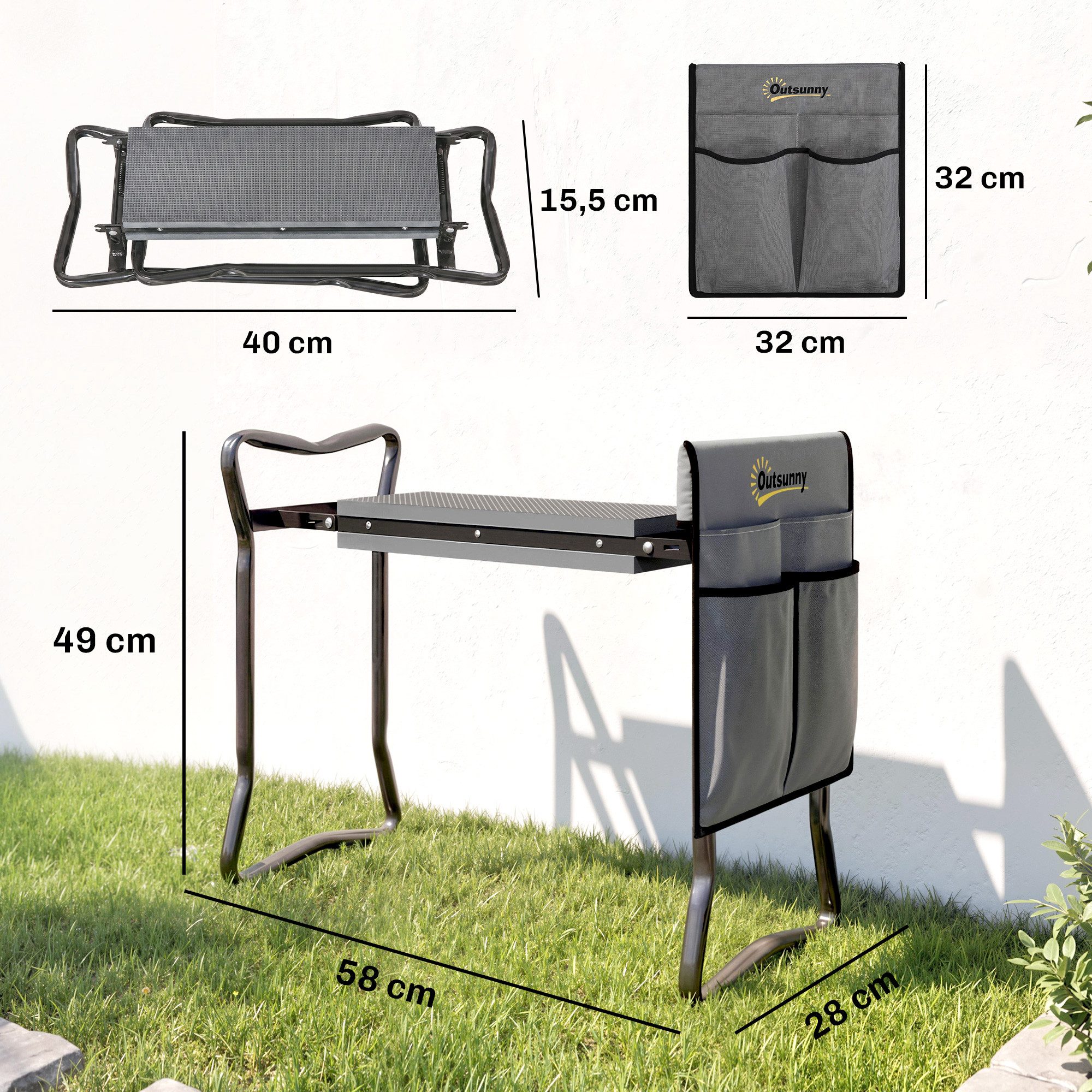 Outsunny Arbeitshocker klappbar mit Kniekissen, Werkzeugtaschen, belastbar bis 150 kg (Gartenhocker, 1 St., Kniebank), zum Knien & Sitzen 58 x 28 x 49cm Grau