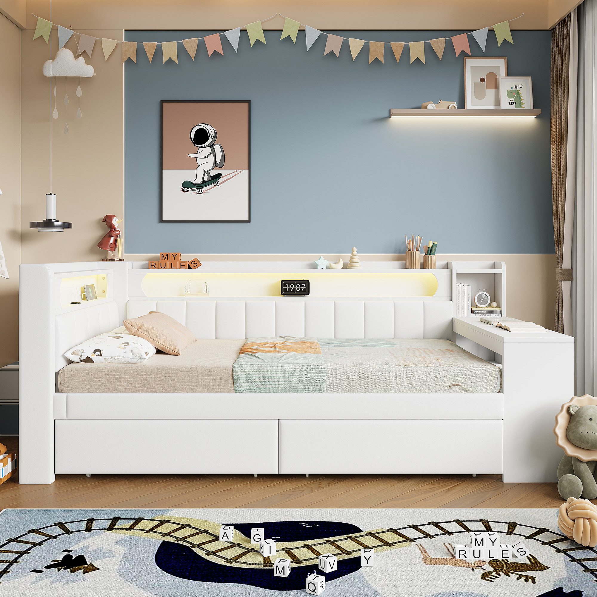 Flieks Daybett, Polsterbett 90x200cm mit 2 Schubladen, USB, LED und Schreibtisch