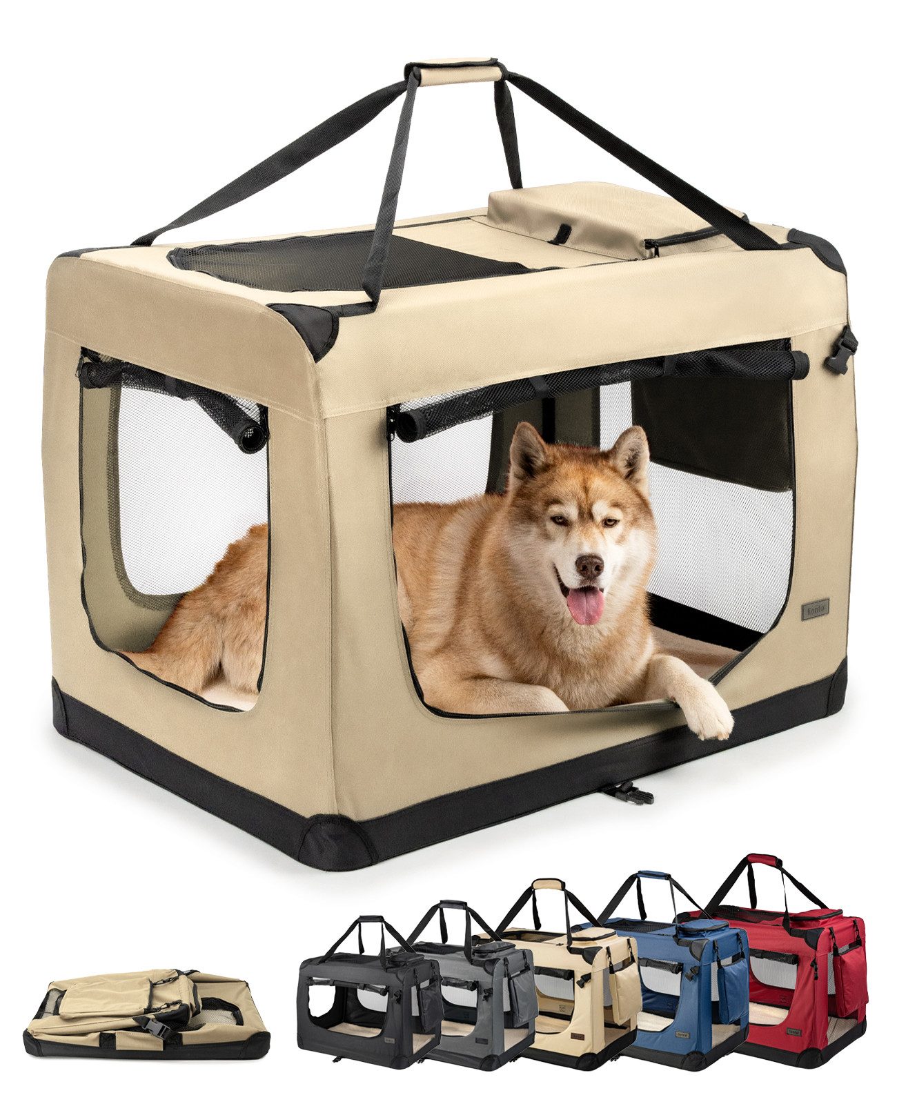 lionto Tiertransportbox stabil aus Textil, für Hunde und Katzen bis 25 kg, 101x69x70 cm, beige