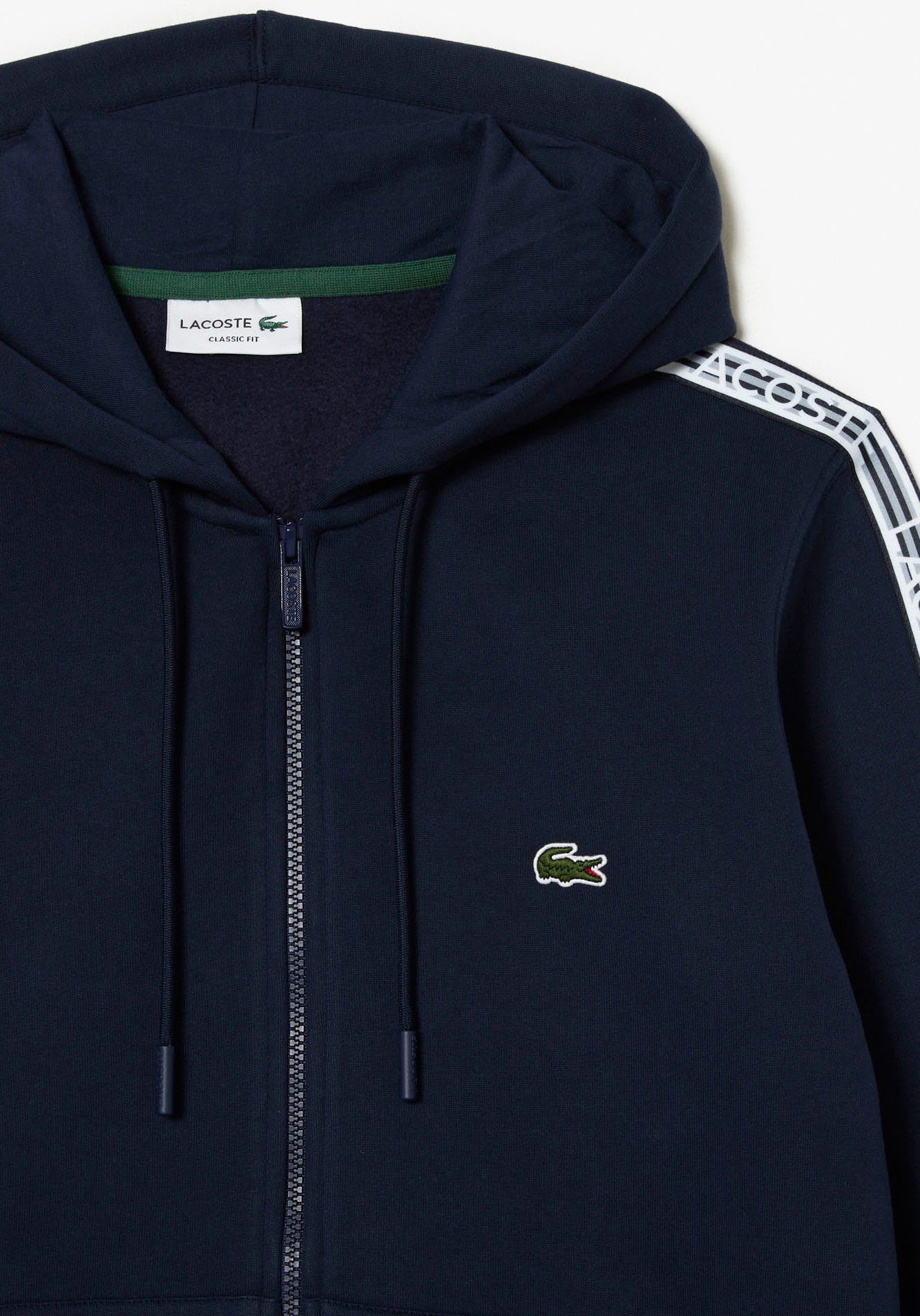 und gerippten Baumwoll-Mischgewebe Kapuzensweatjacke Lacoste Bündchen navy