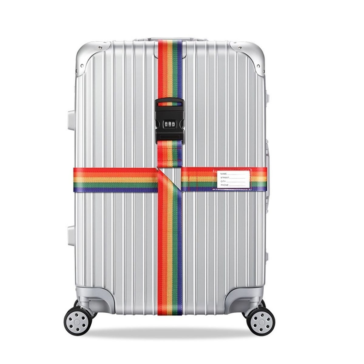 König Design Koffergurt, Kreuzkoffergurt mit Zahlenschloss und Adressanhänger