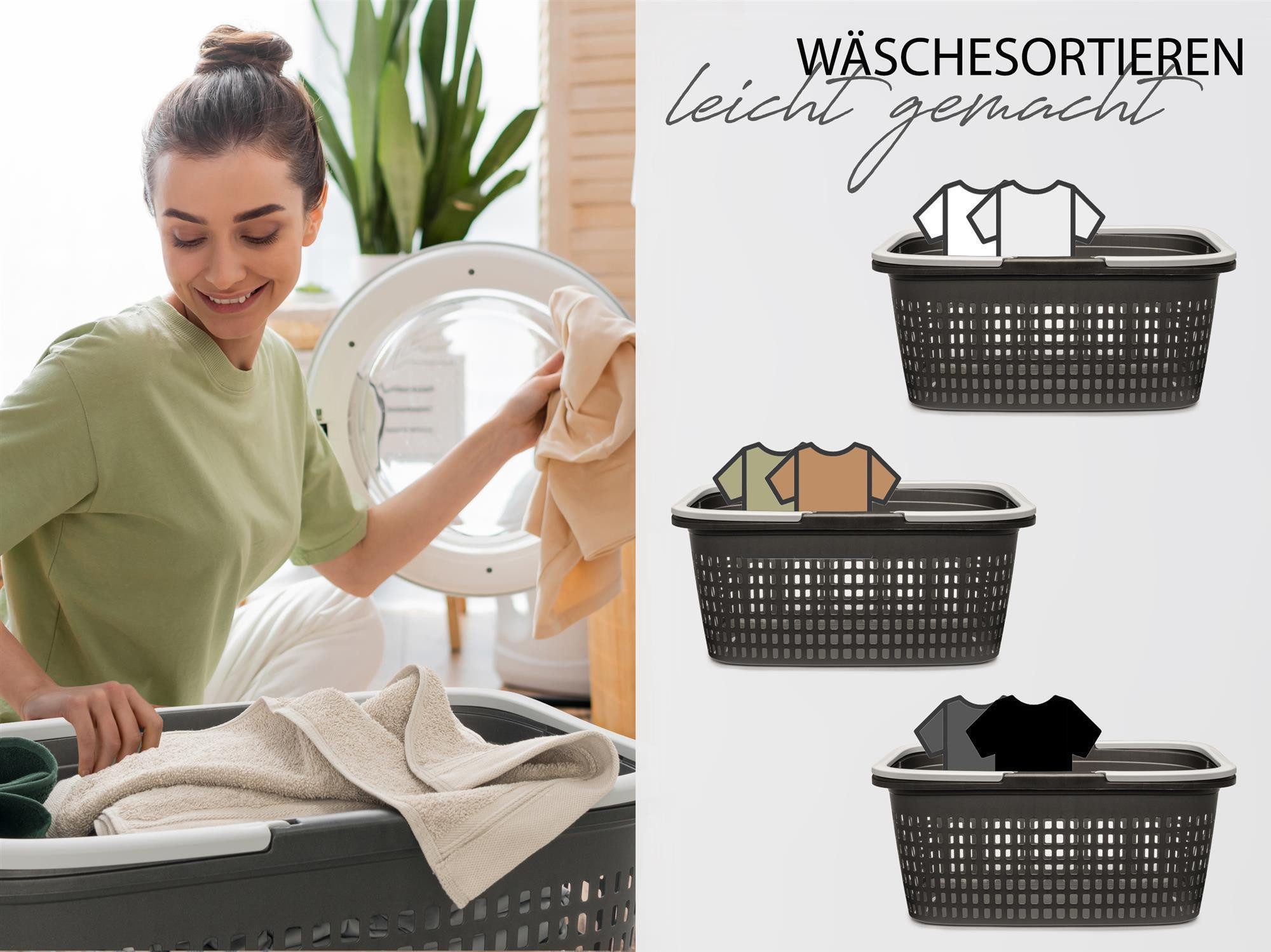 Hausfelder Wäschekorb Wäschewanne 58x37x25cm (Anthrazit-Schwarz, 6 Körbe 35 l) (Set, 6 St., 6 x Wäschekorb), mit klappbaren Henkeln, mit Griffen, 35 Liter – Bild 3 von 5
