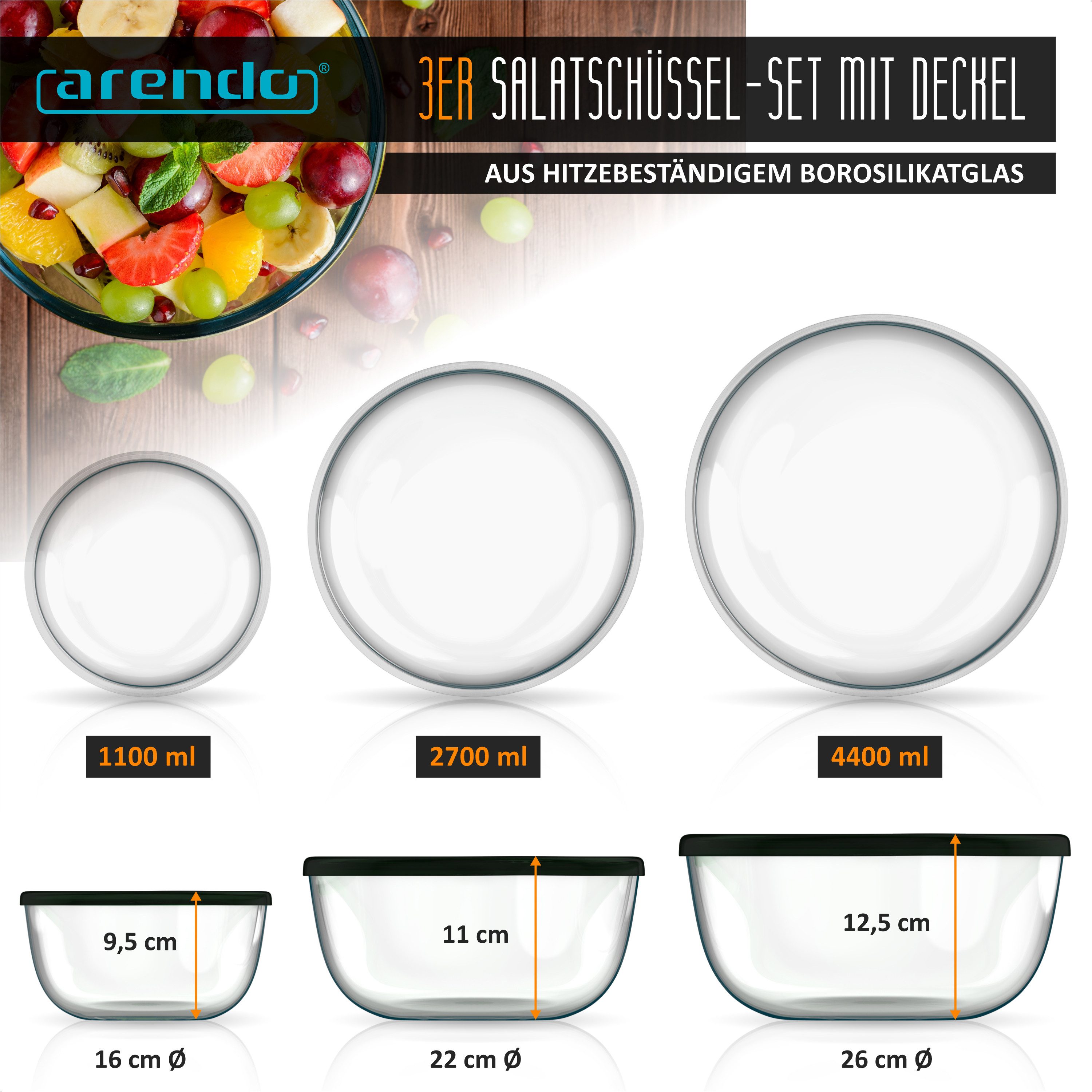 Arendo Salatschüssel 3er Set mit Deckel, Glasschüssel 1,1L / 2,7L / 4,4L, Glas Rührschüssel, Glas, (Set, 3-tlg), Glasschale, BPA-frei, Spülmaschinen- und mikrowellengeeignet