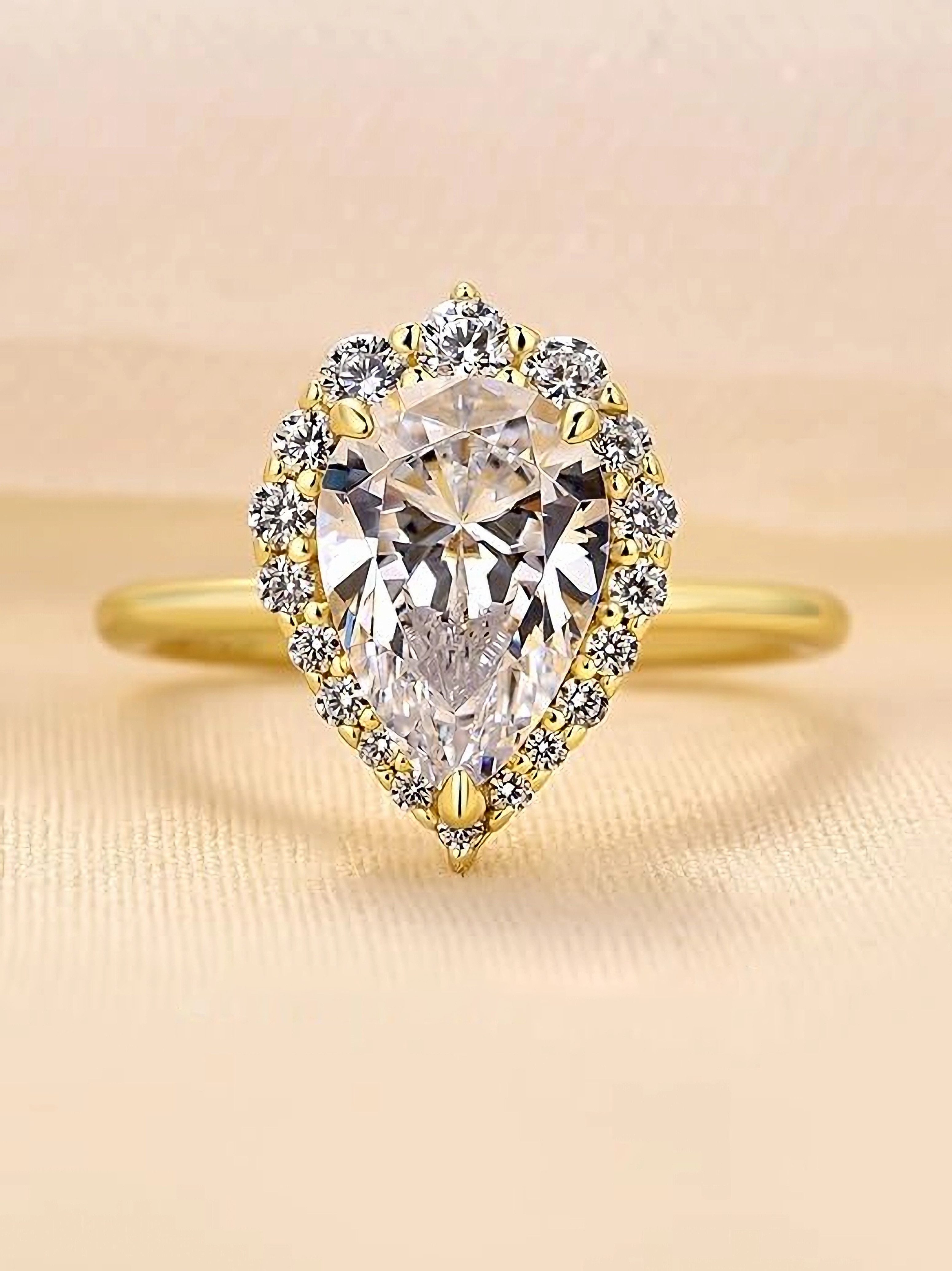 Jumpeak Trauring 585 Gelbgold, Birnenform Lab-Diamant 2 Karat Luxus Verlobungsring, D VS1 2EX mit IGI-Zertifikat, perfektes Geschenk für die Liebsten