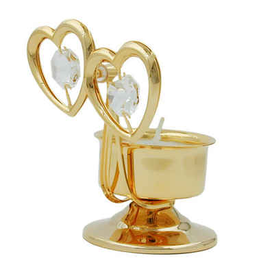 Gallay Dekoobjekt Tischdekoration Teelicht 85 x 60 mm zwei Herzen mit Swarovski Kristallen, Hochwertige 24-Karat-Gold-Plattierung