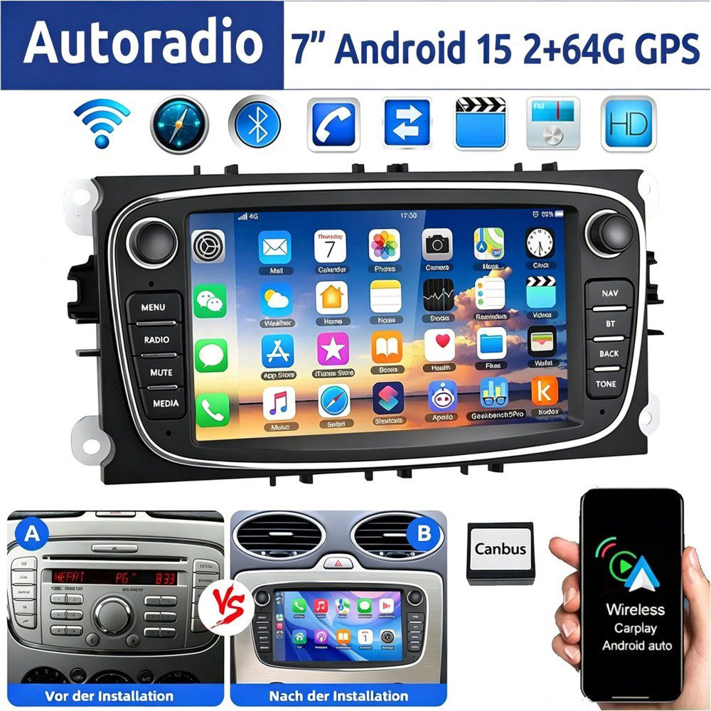 ESSGOO 7" Android 15 Für Ford Focus Mk2 Mondeo C/S-MAX Galaxy Kuga GPS Navi Autoradio (RDS, 4+64GB(optional), FM, DAB+ (optional), Wireless Carplay Android Auto Bluetooth EQ USB WIFI Touchscreen SWC)