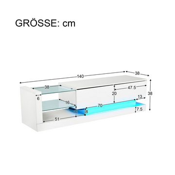 OKWISH TV-Schrank TV-Schrank hochglanz mit Klapptüren (Breite:140cm) TV-Schrank, mit Glasablagen und LED-Beleuchtung