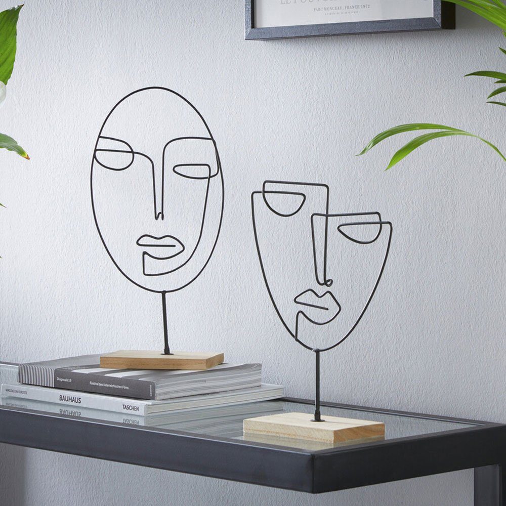Dekofigur Modern Gesicht Skulptur Home-trends24.de Schwarz (2 St) Objekt Holzsockel Deko Metalldeko