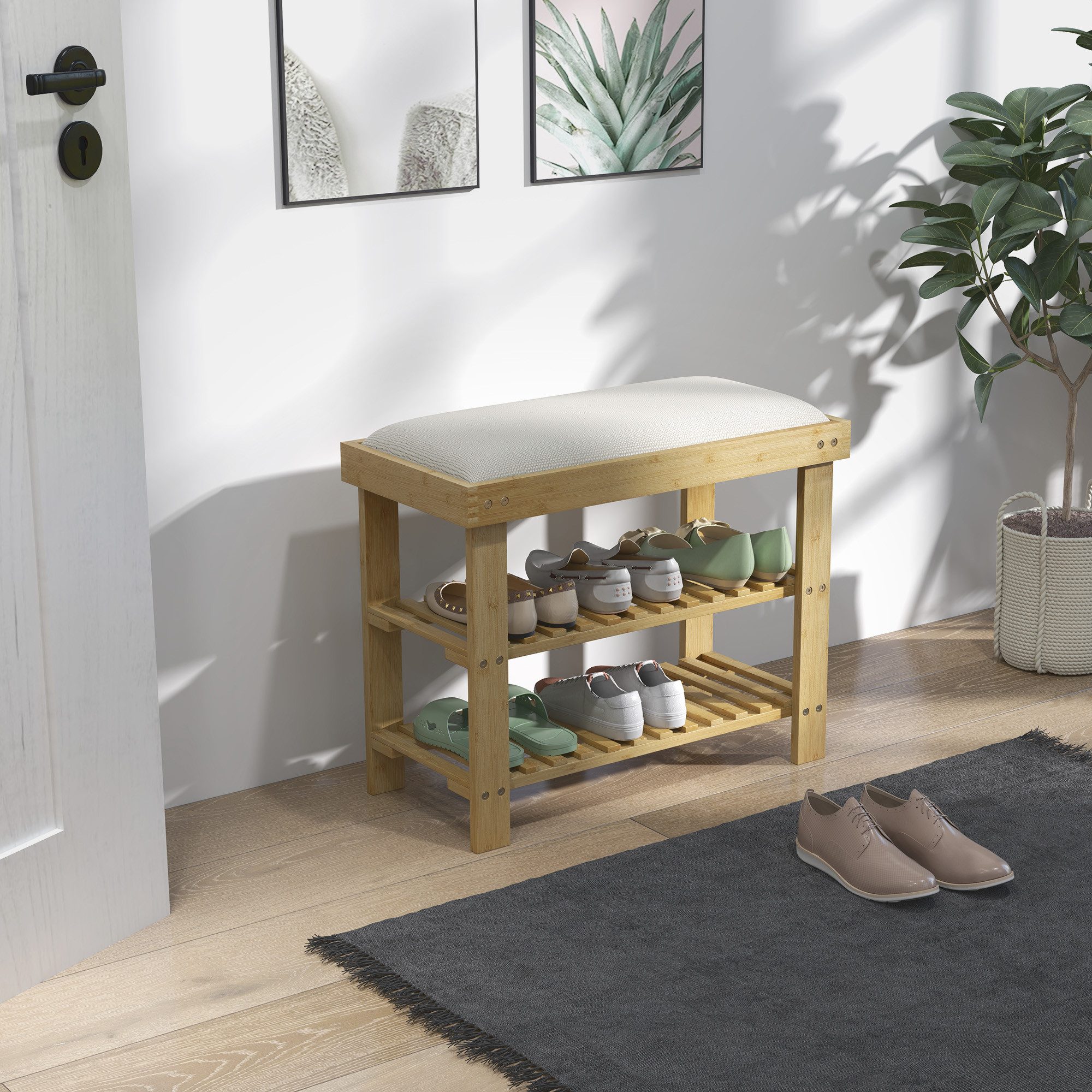 HOMCOM Schuhbank Bambus Sitzbank, Schuhregal 2 Fächer, Garderobenbank, 60x29x49cm (Schuhregal aus Bambus, 1-St., Schuhbank mit Sitzfläche), für Wohnzimmer, Flur, Cremeweiß+Naturholz