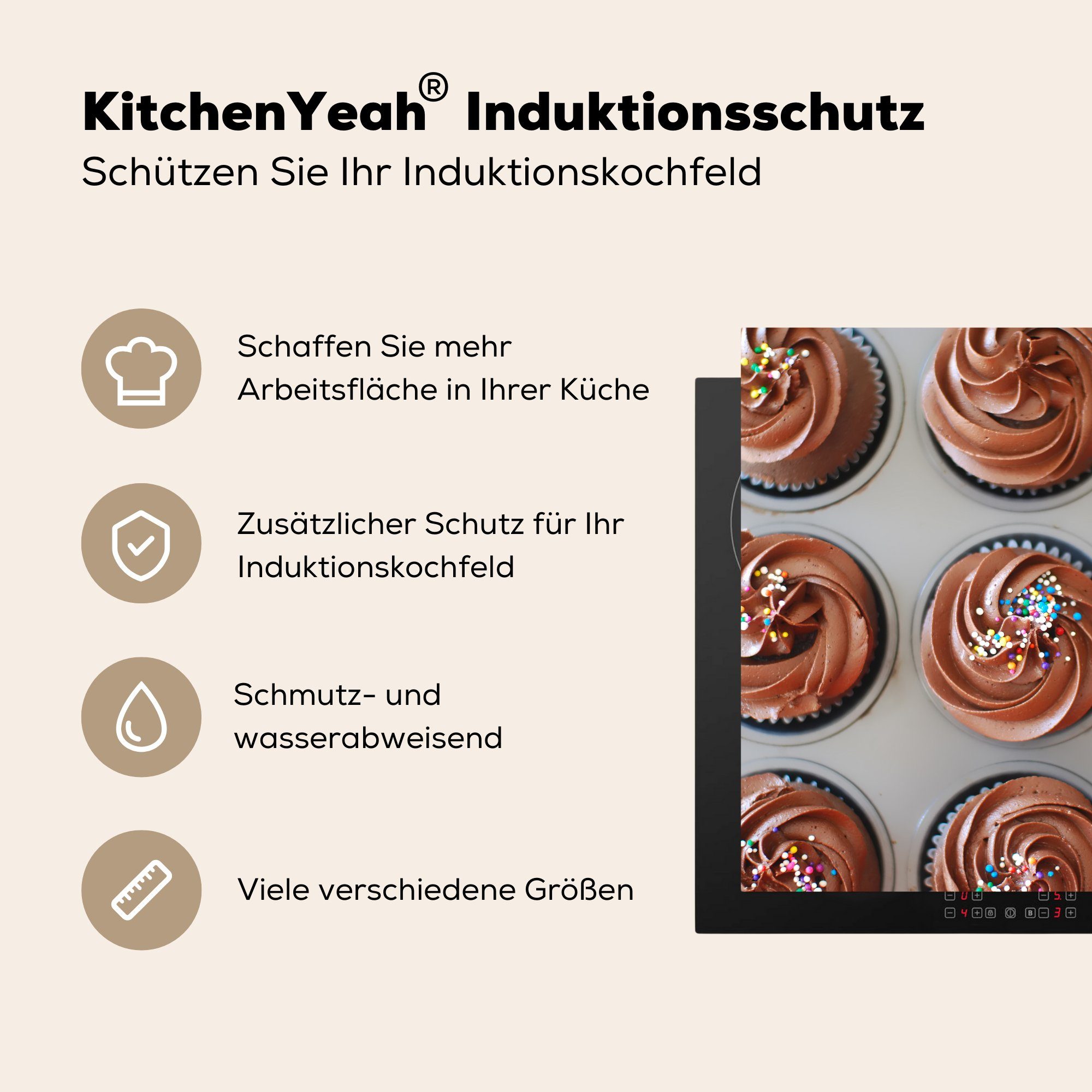 MuchoWow Herdblende-/Abdeckplatte Schokoladen-Cupcakes, für Backblech Ceranfeldabdeckung, 78x78 Vinyl, (1 tlg), cm, küche Ein Arbeitsplatte mit