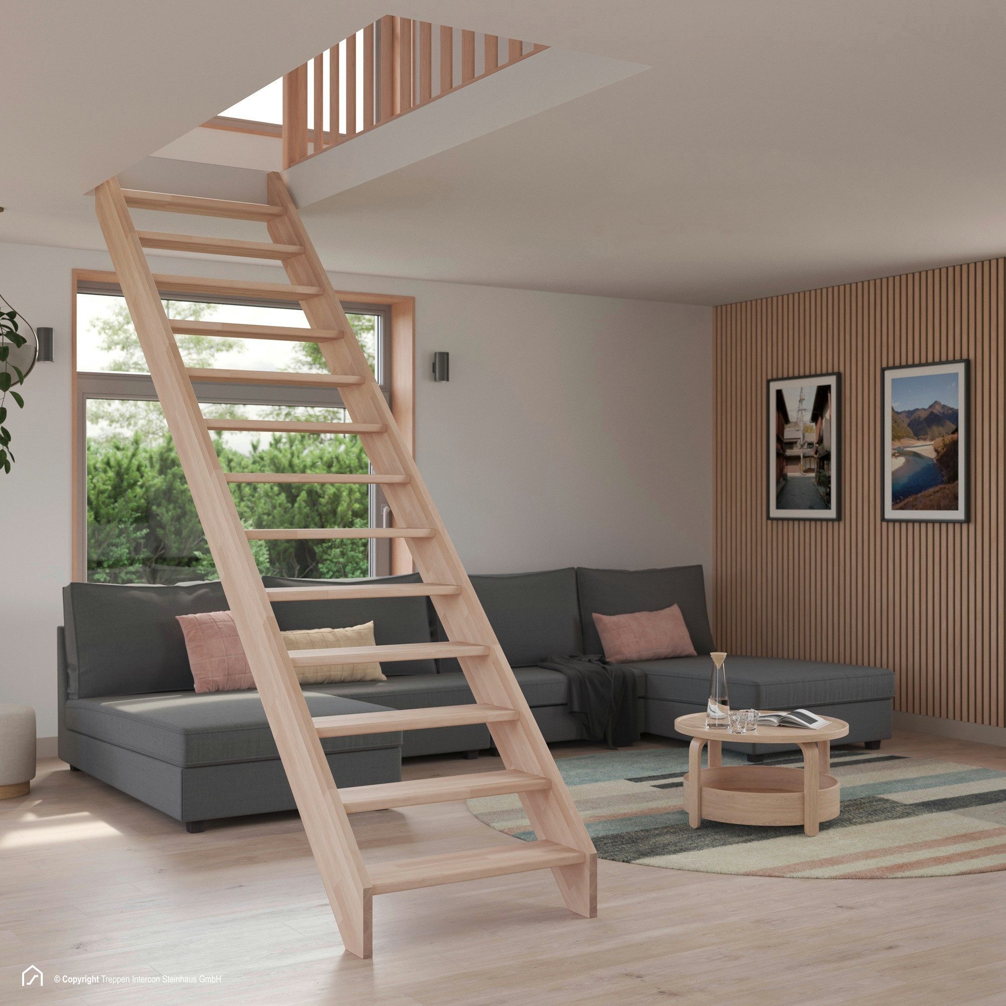 Treppen Intercon Raumspartreppe Casablanca gerade, 60 oder 80 cm Stufenbreite, für Geschosshöhen bis 280,00 cm, Stufen offene oder geschlossene Stufen, Durchgehende Wangen