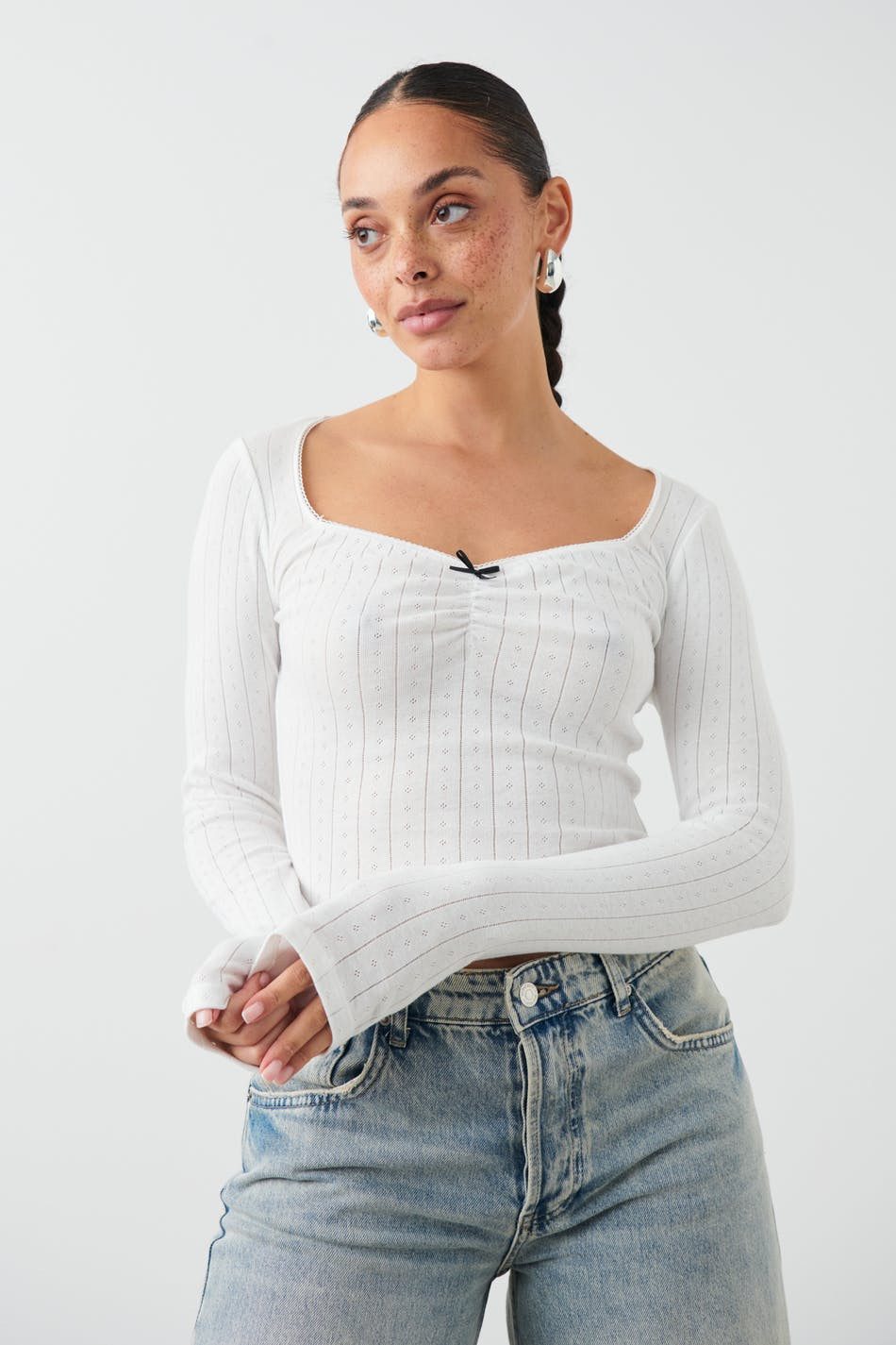 Gina Tricot Langarmshirt - Shirt langarm - Oberteil mit Herzausschnitt pointelle bow top