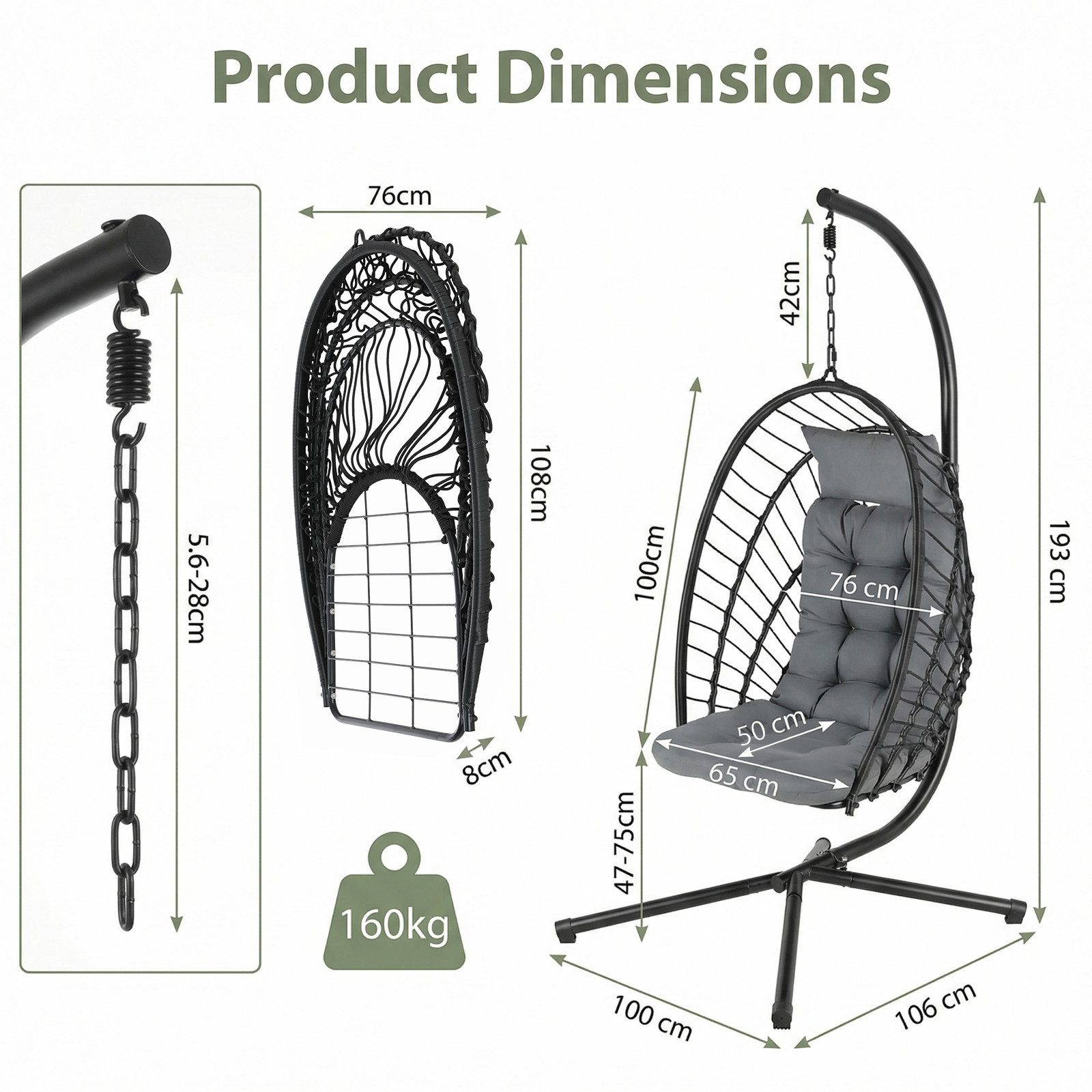 TLGREEN Hängesessel mit Gestell, Klappbarer Eiersessel, 360° Drehbar (Indoor & Outdoor Schaukelstuhl, Ergonomischer Relaxsessel mit Kissen), für Garten Balkon Wohnzimmer, Belastbar bis 160kg